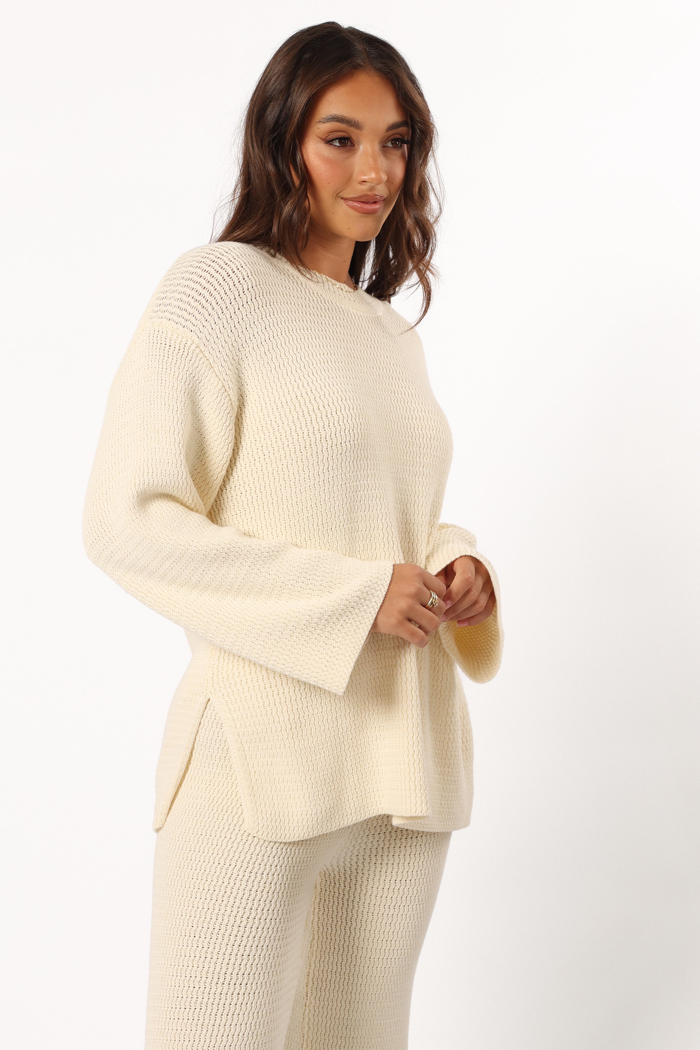 McKinley Cotton Knit Sweater - Cream Round Neck Mid Sleeve