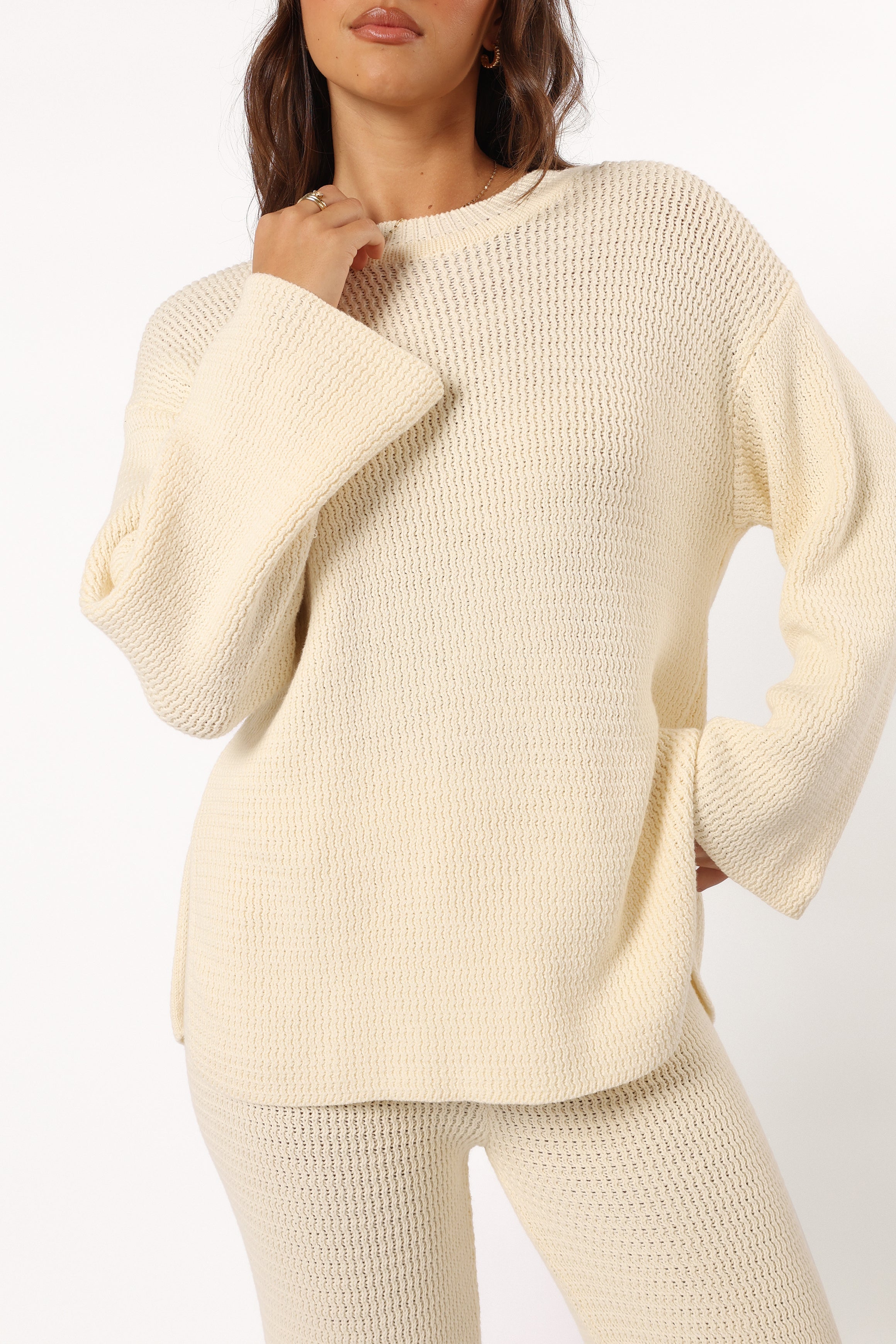 McKinley Cotton Knit Sweater - Cream Round Neck Mid Sleeve