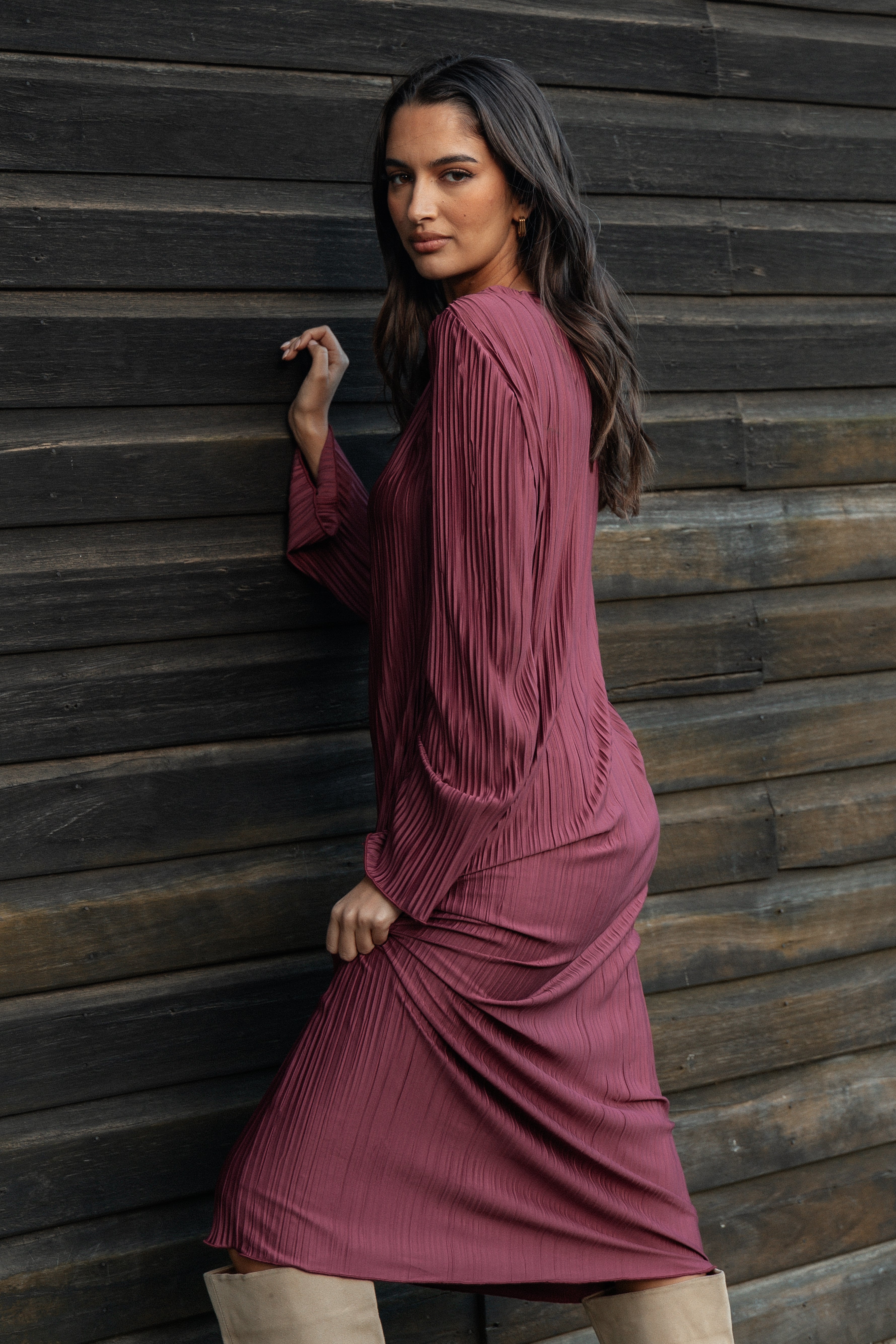 Plisse Midi Dress with Long Sleeves - Tannikah Ruby Wine