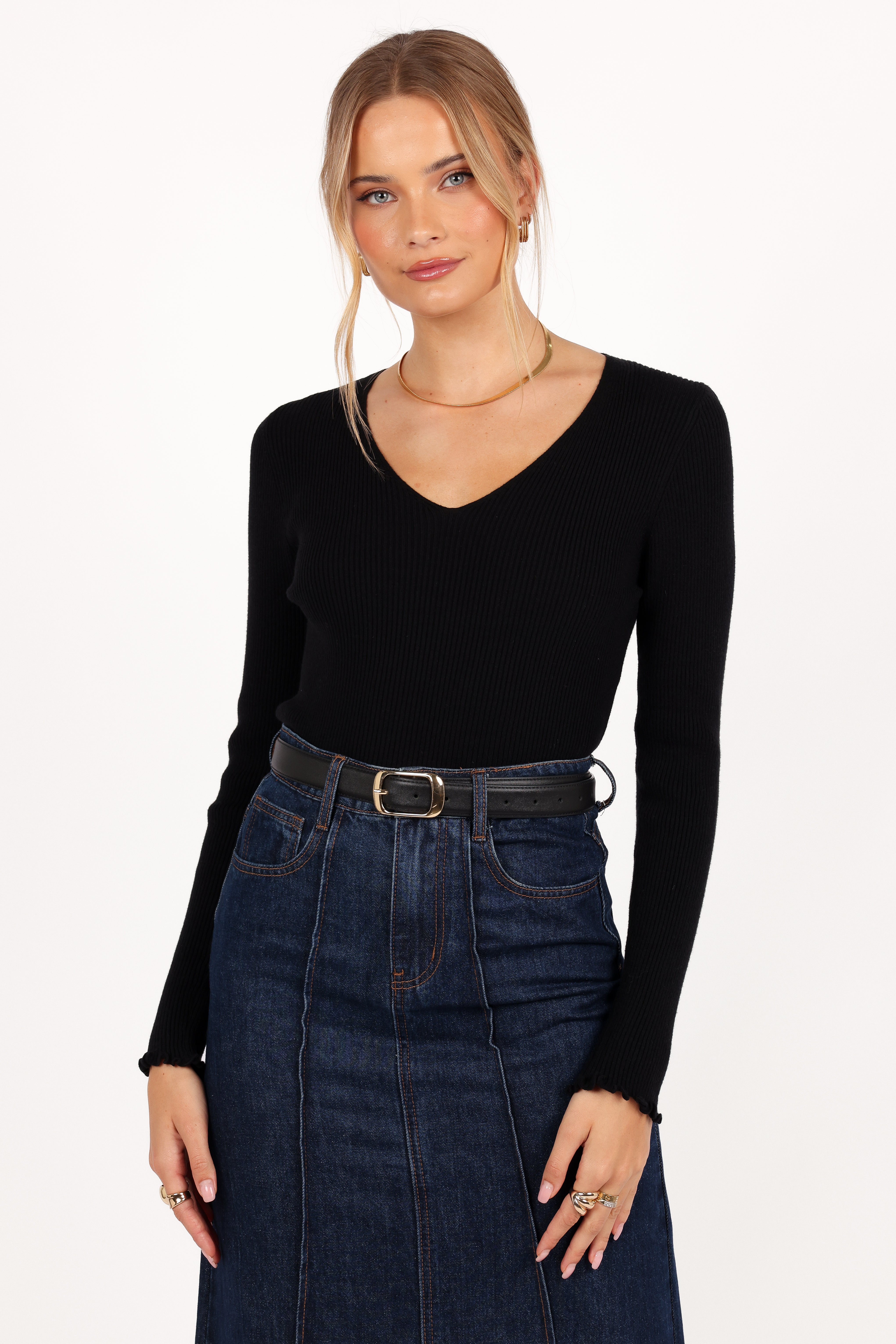 Kirsten Black V-Neck Ribbed Knit Top - Soft Stretch Long Sleeve