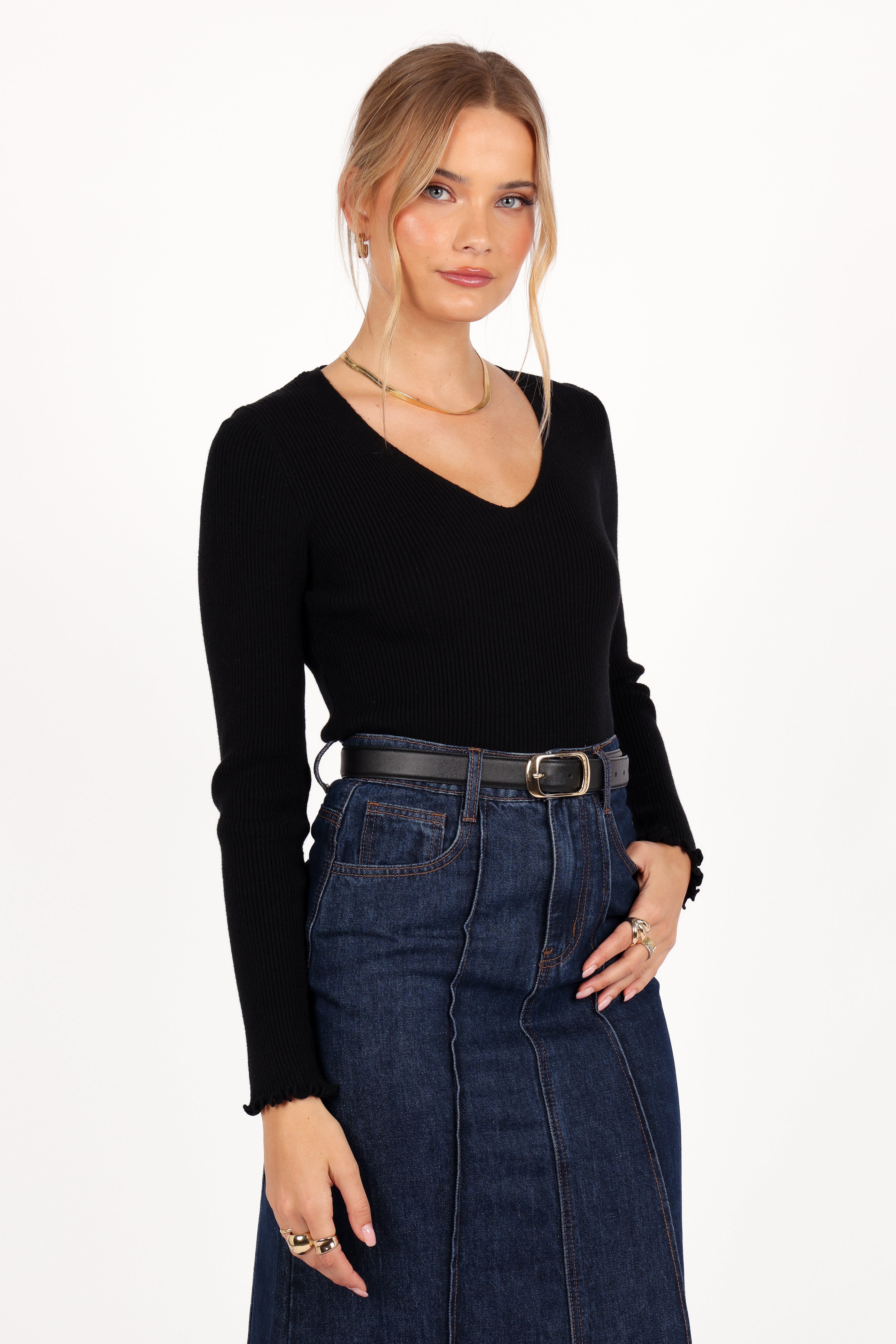Kirsten Black V-Neck Ribbed Knit Top - Soft Stretch Long Sleeve