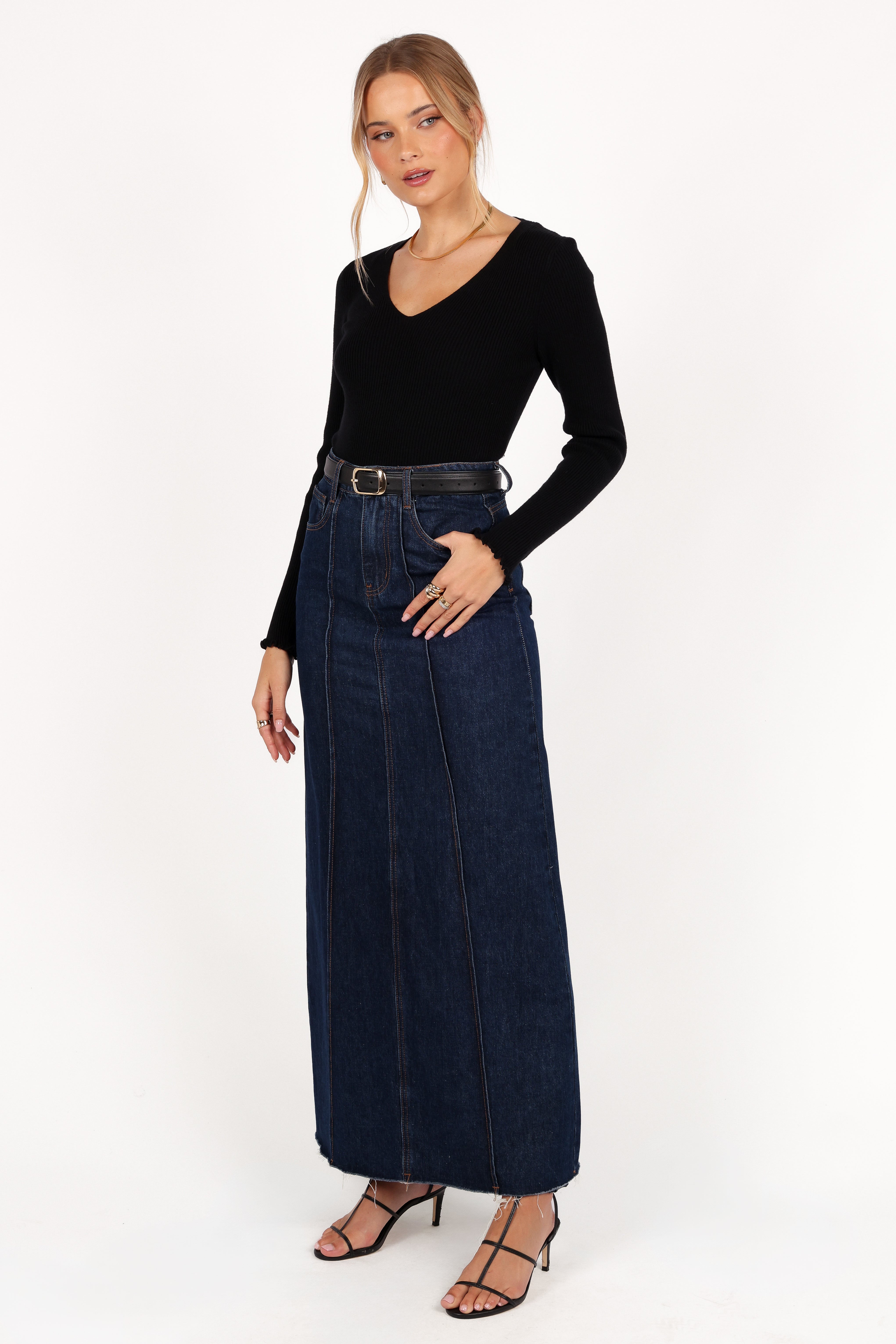 Kirsten Black V-Neck Ribbed Knit Top - Soft Stretch Long Sleeve