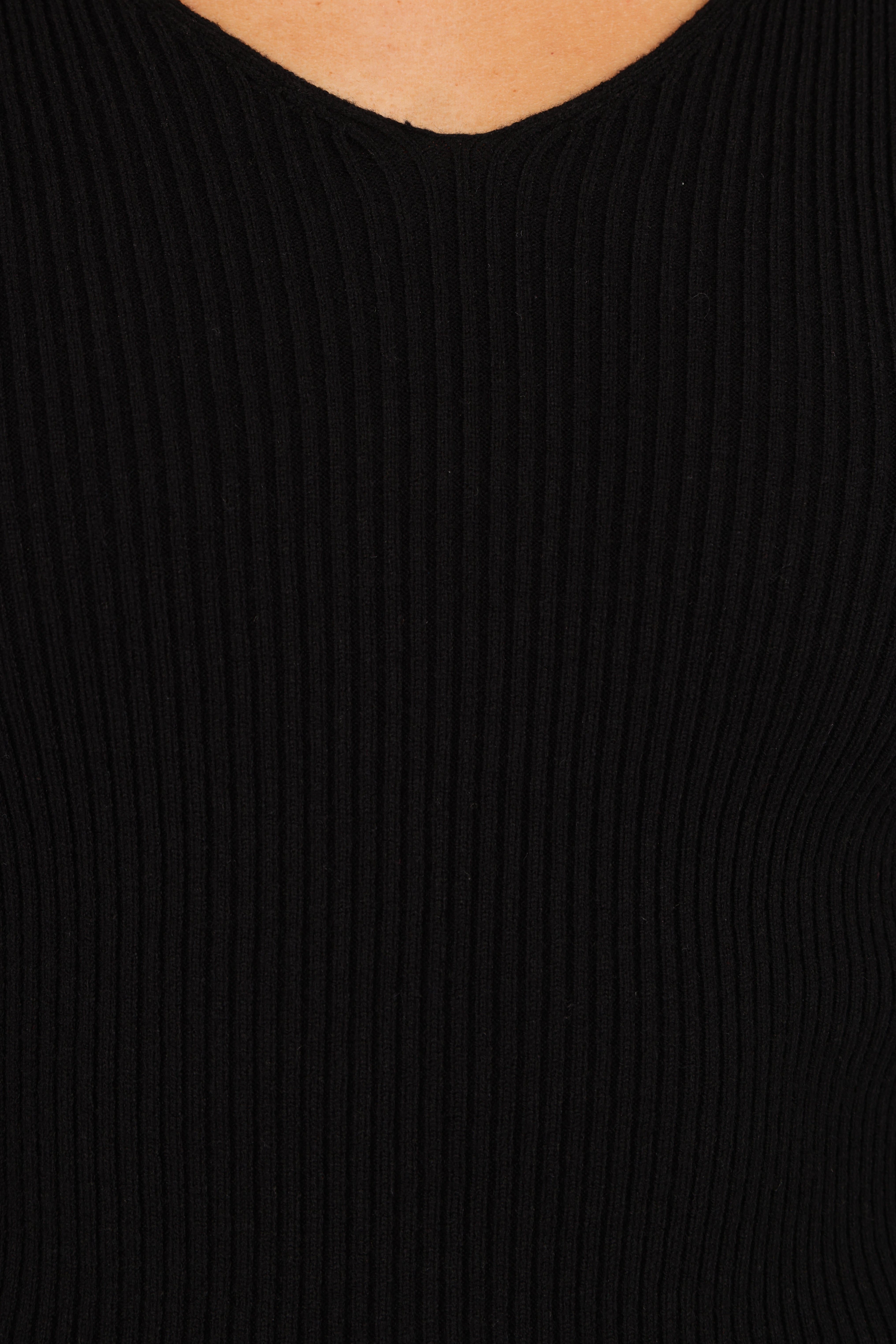Kirsten Black V-Neck Ribbed Knit Top - Soft Stretch Long Sleeve