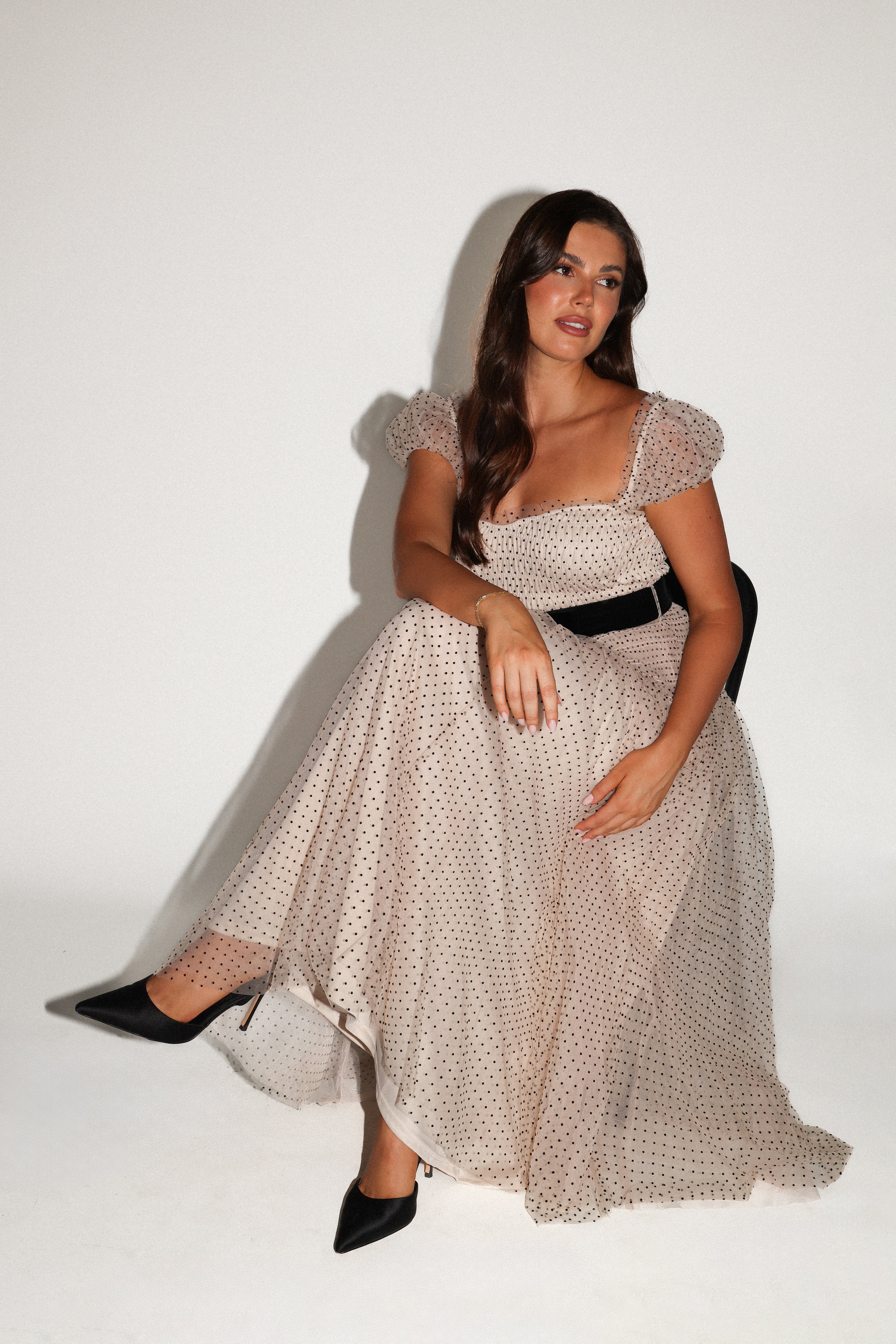 Bryn Polka Dot Midi Dress with Tulle Overlay - Nude