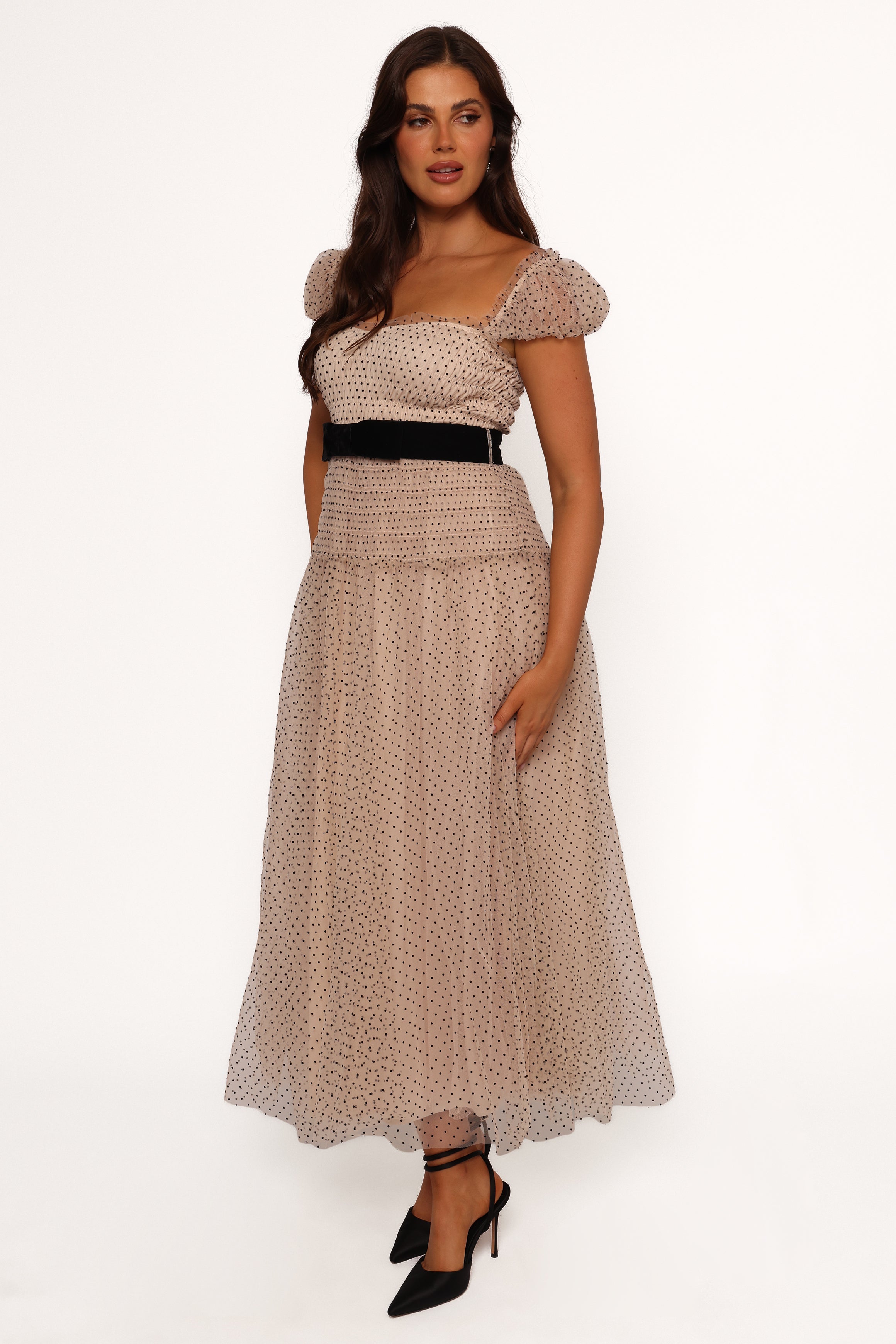 Bryn Polka Dot Midi Dress with Tulle Overlay - Nude
