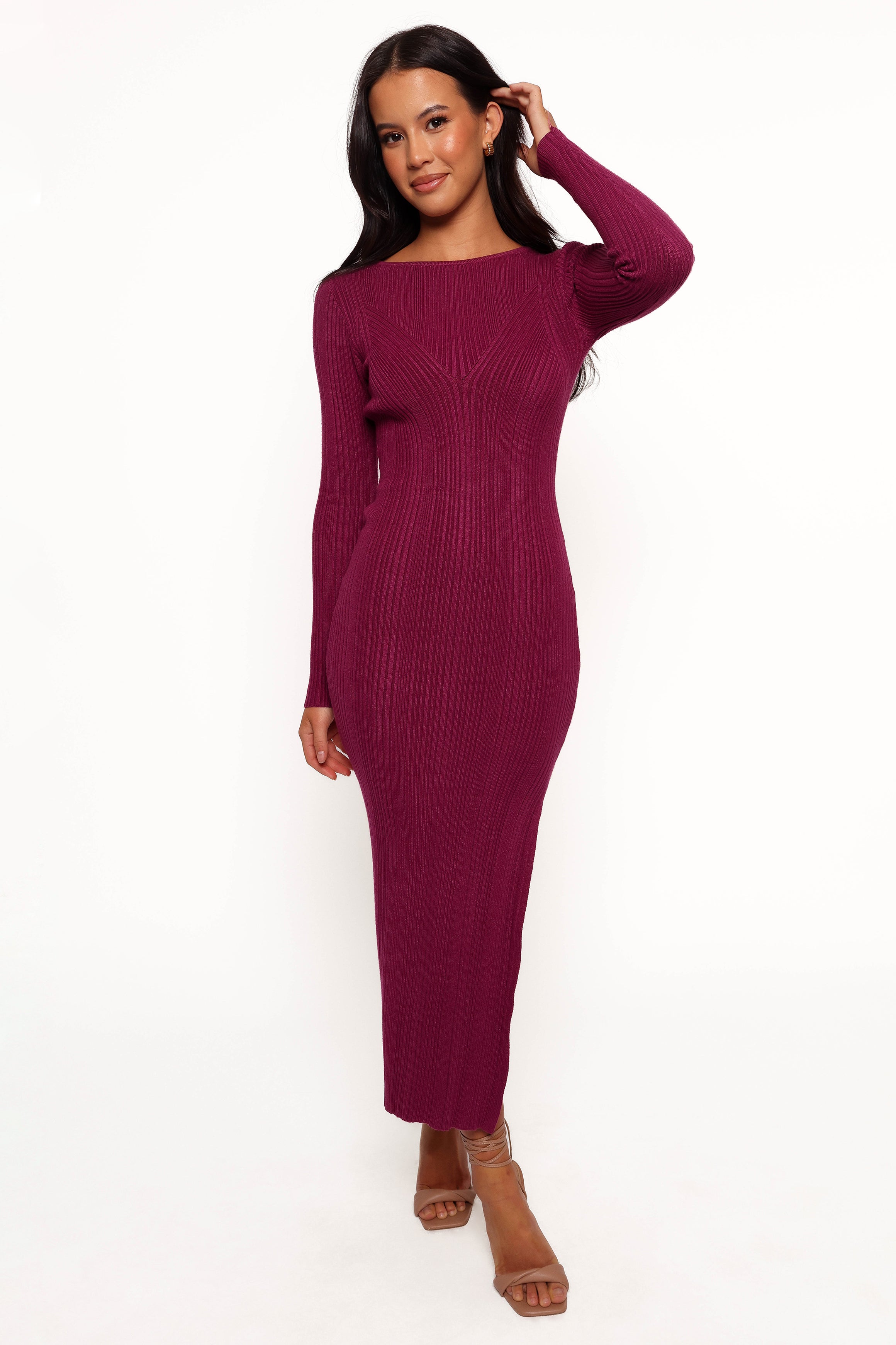 Plum Long Sleeve Maxi Dress - Stretch Ribbed Knit