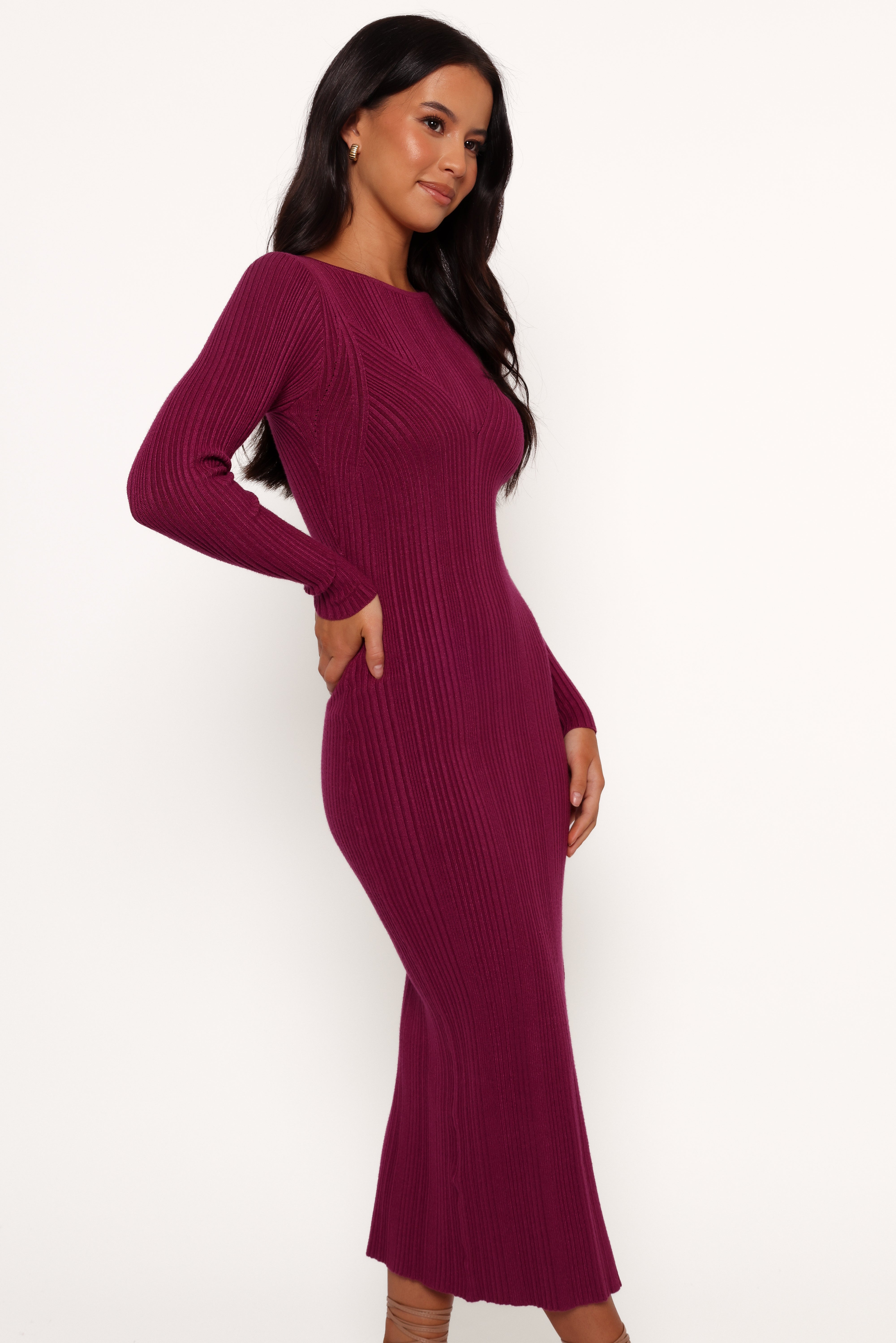 Plum Long Sleeve Maxi Dress - Stretch Ribbed Knit