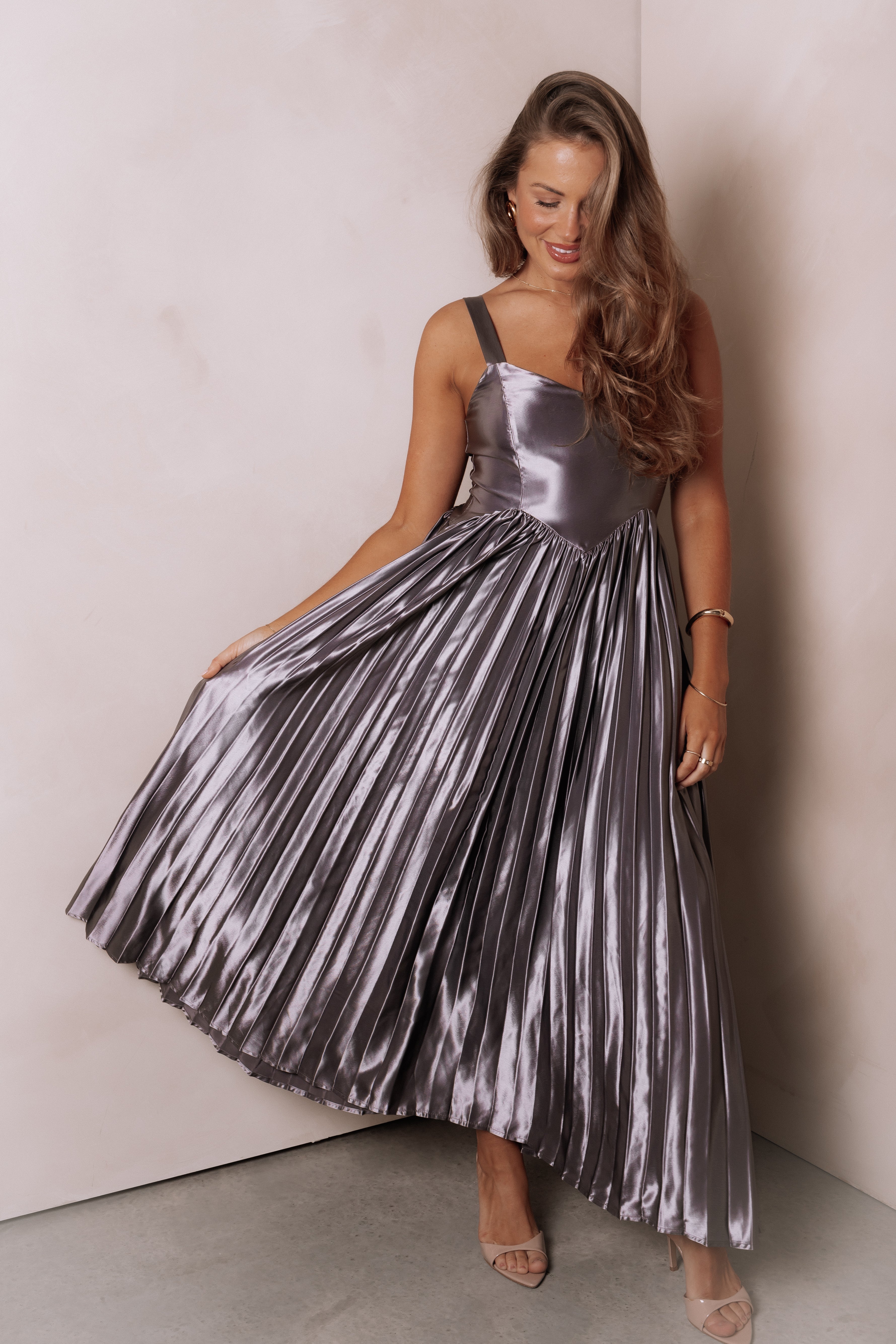 Camala Satin Maxi Dress with V Neckline - Grey Silver