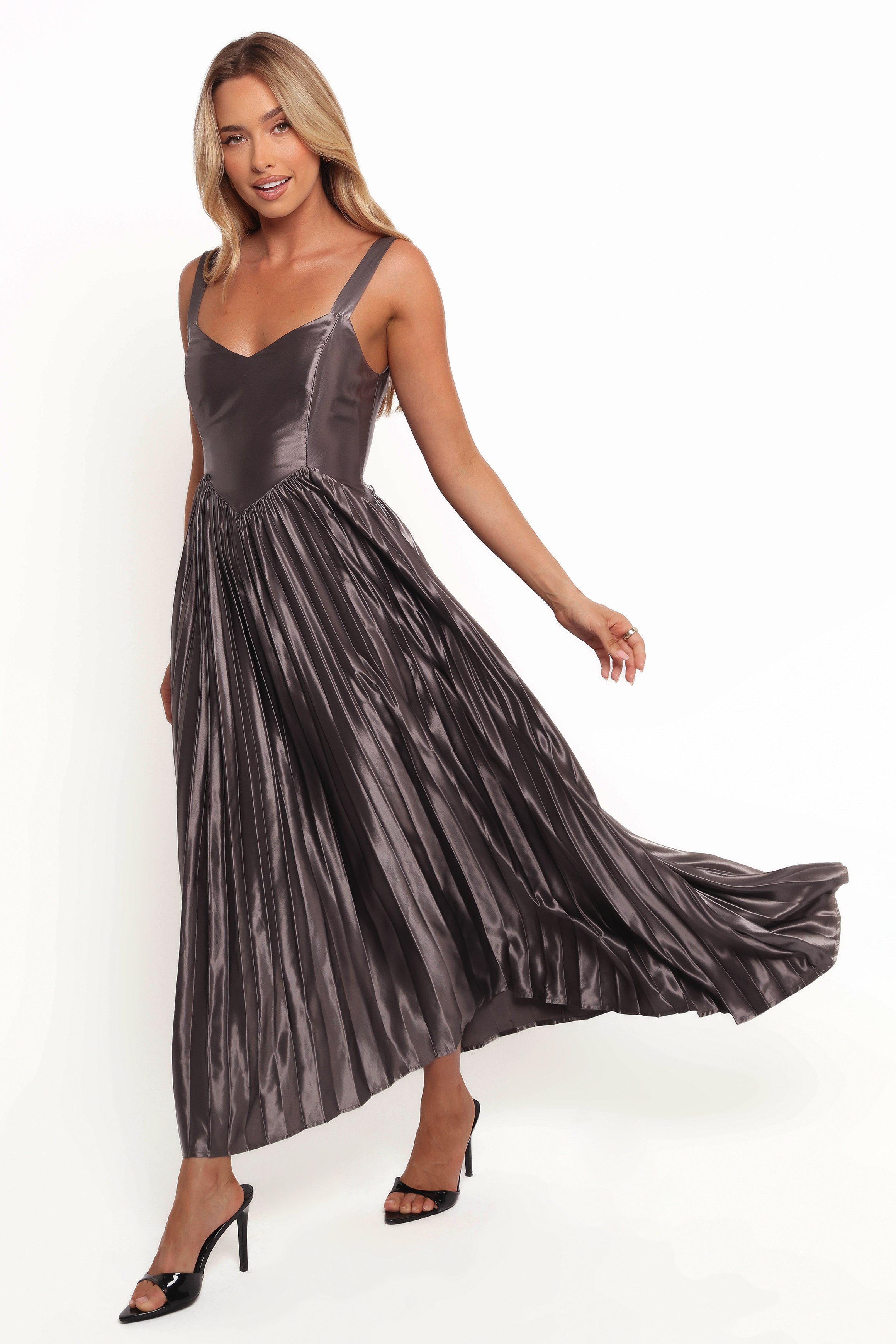 Camala Satin Maxi Dress with V Neckline - Grey Silver
