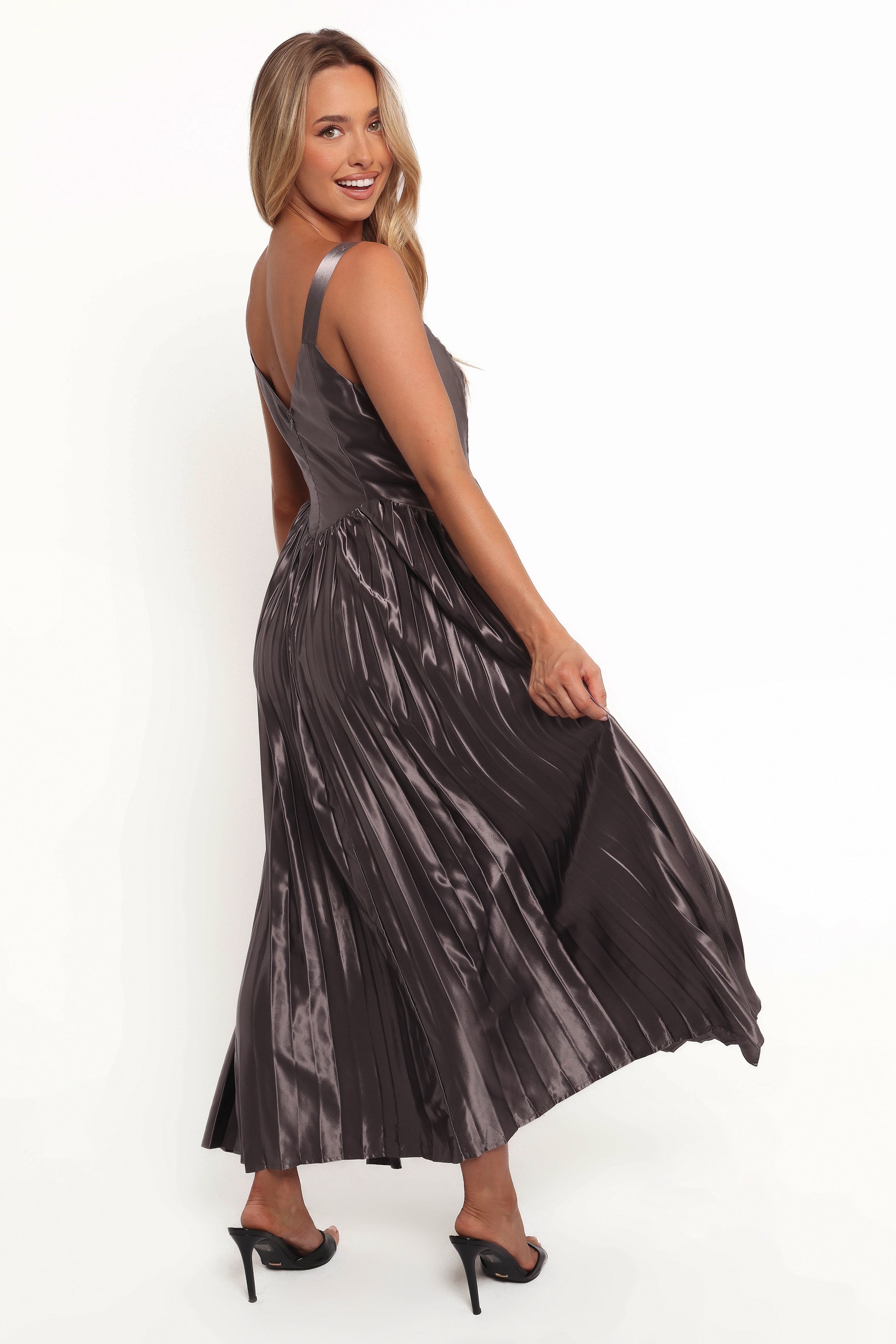 Camala Satin Maxi Dress with V Neckline - Grey Silver