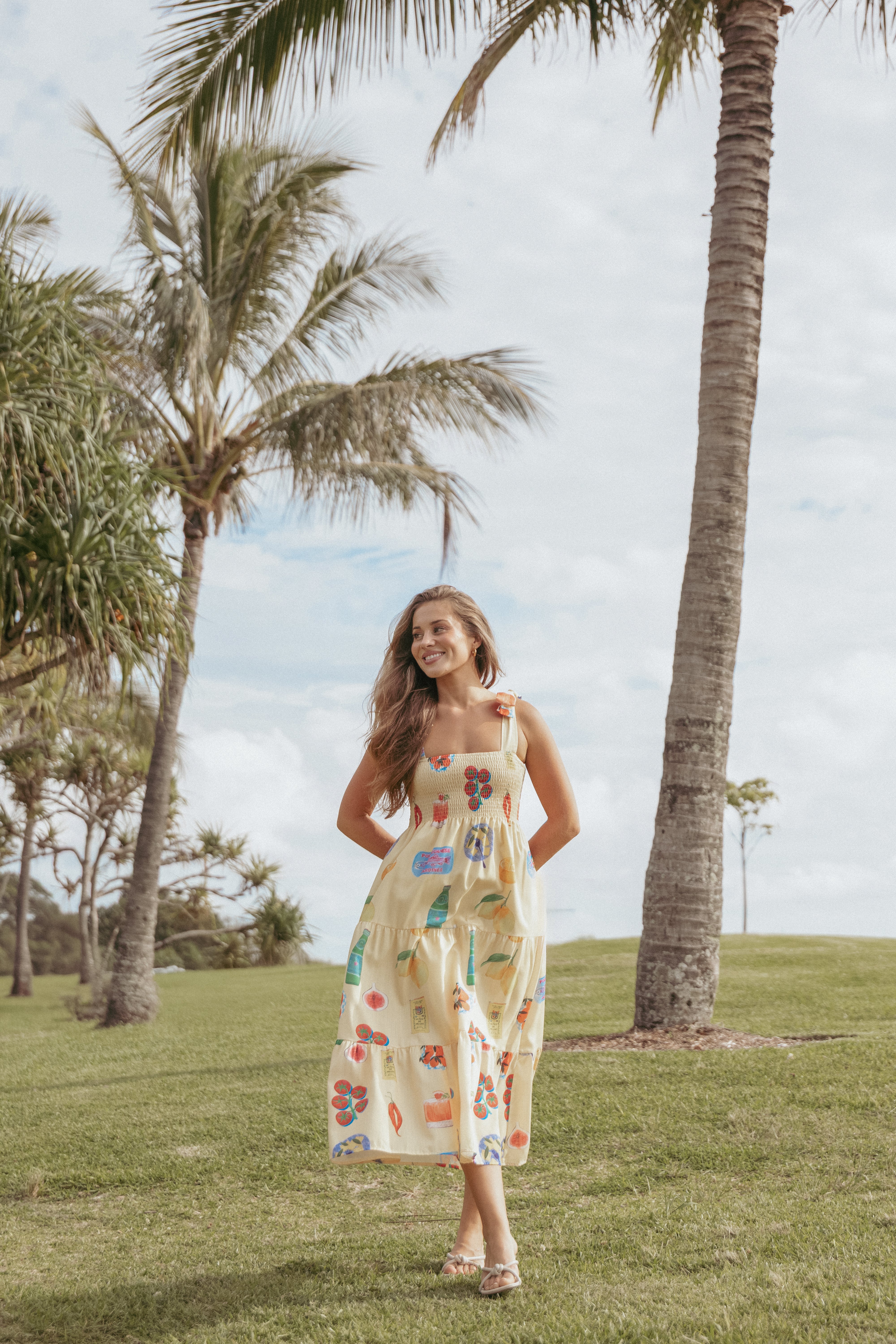 Sarelle Yellow Pasta Print Midi Dress with Shirred Bodice