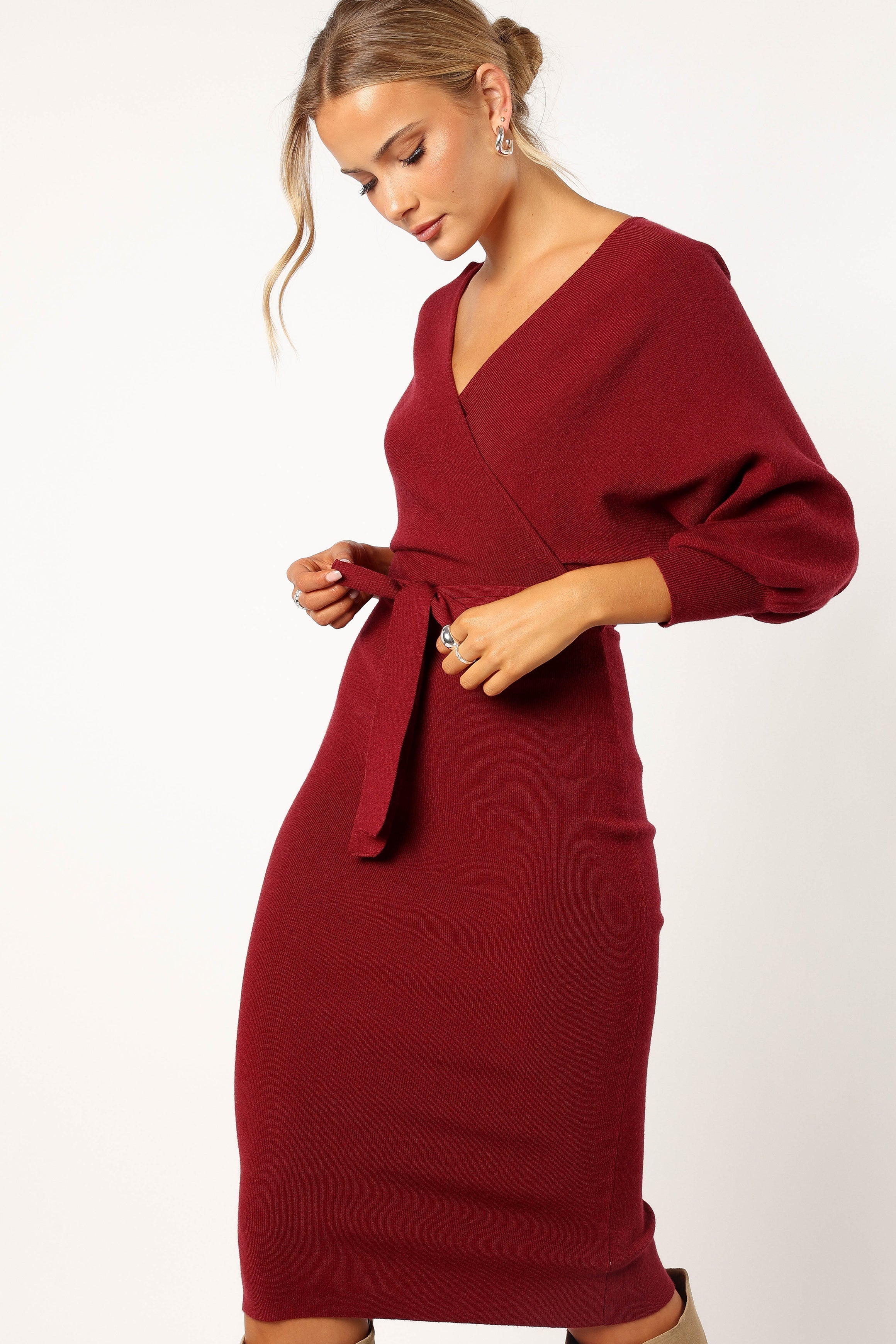 Merlot Bodycon Knit Dress with V Neck & Long Sleeves