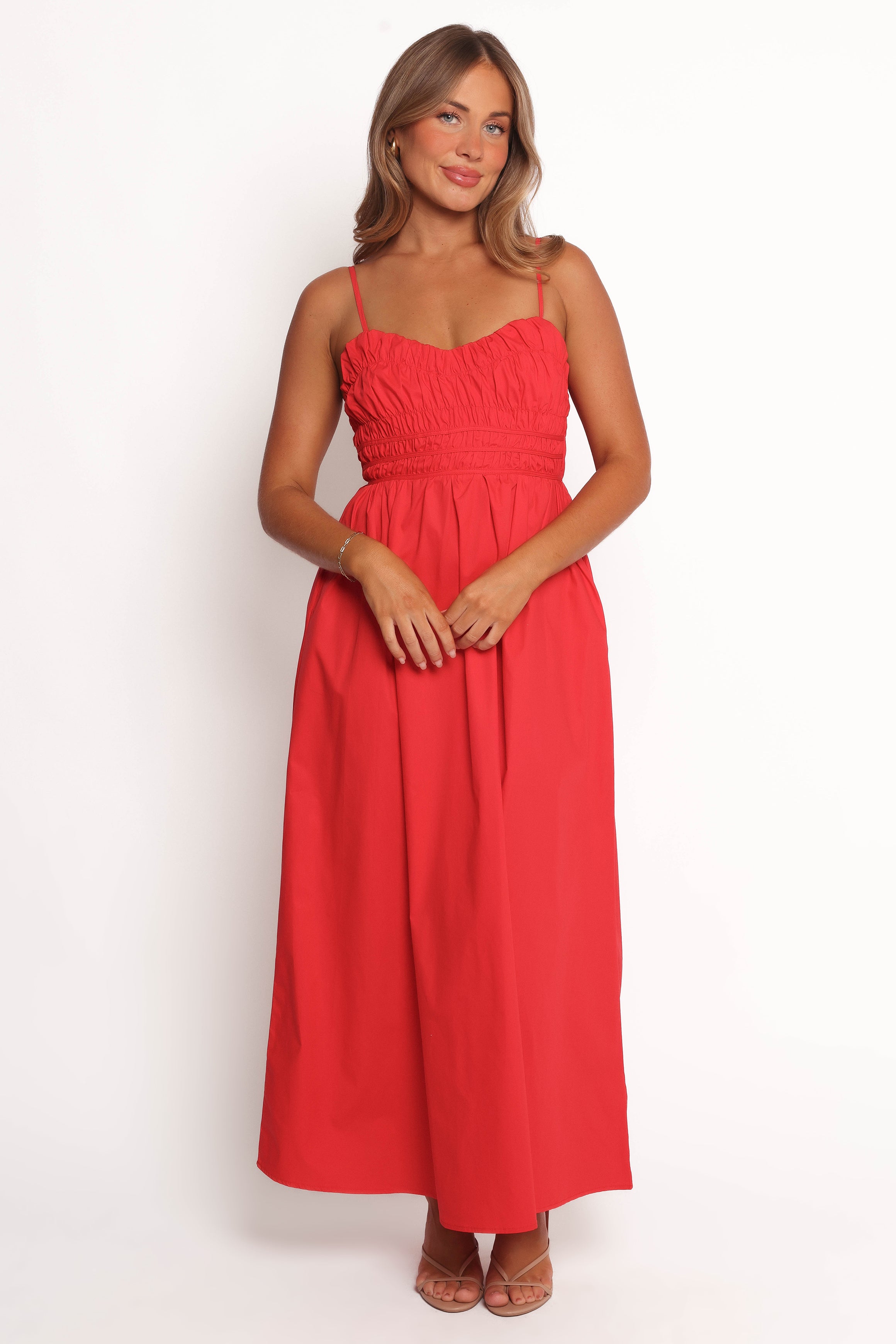 Red Sweetheart Neckline Maxi Dress with Pockets - Camilla