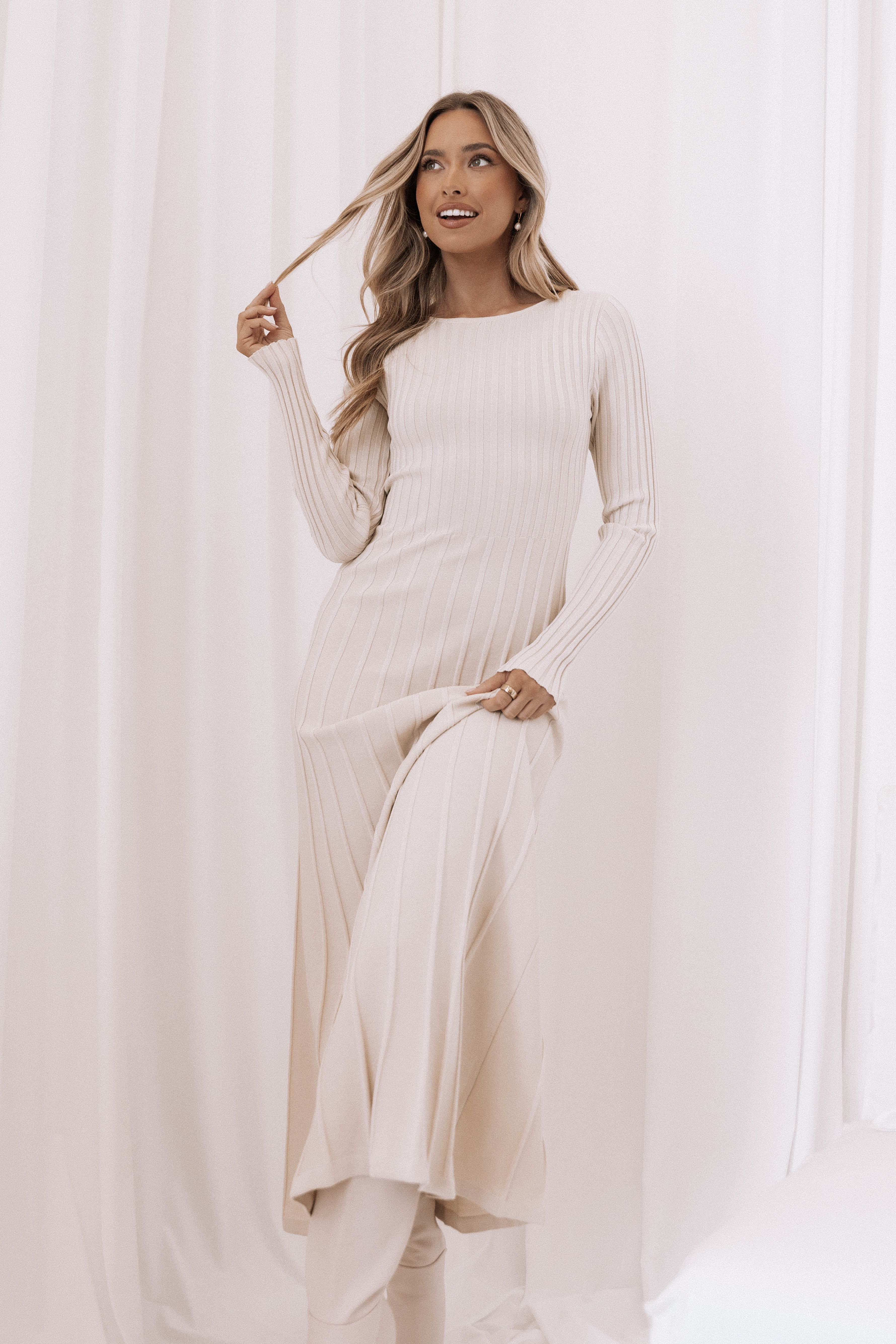 Alison Ribbed Knit Maxi Dress - Long Sleeve Cream A-Line