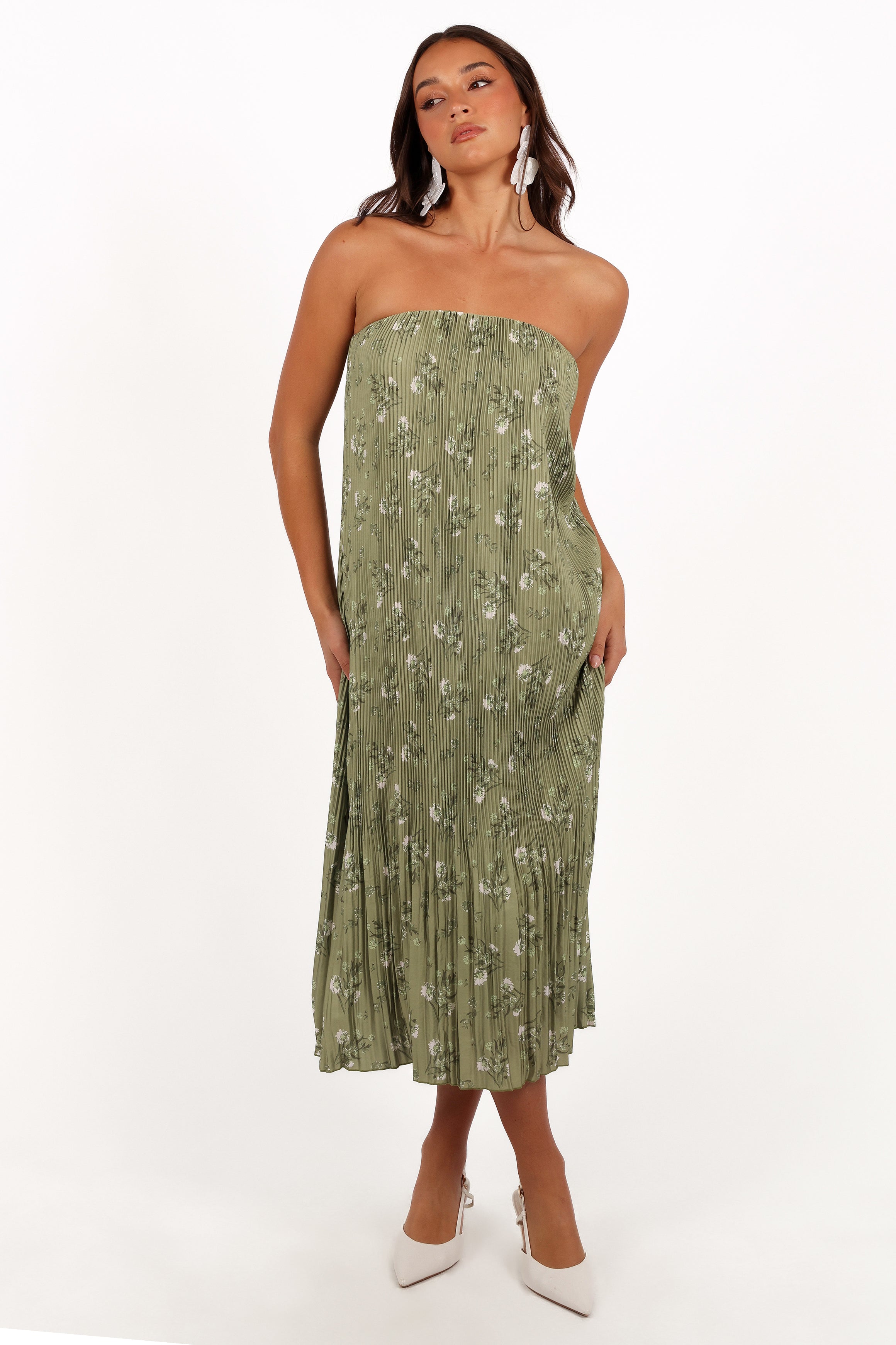 Floral Strapless Midi Dress - Sage Botanical Plisse Design