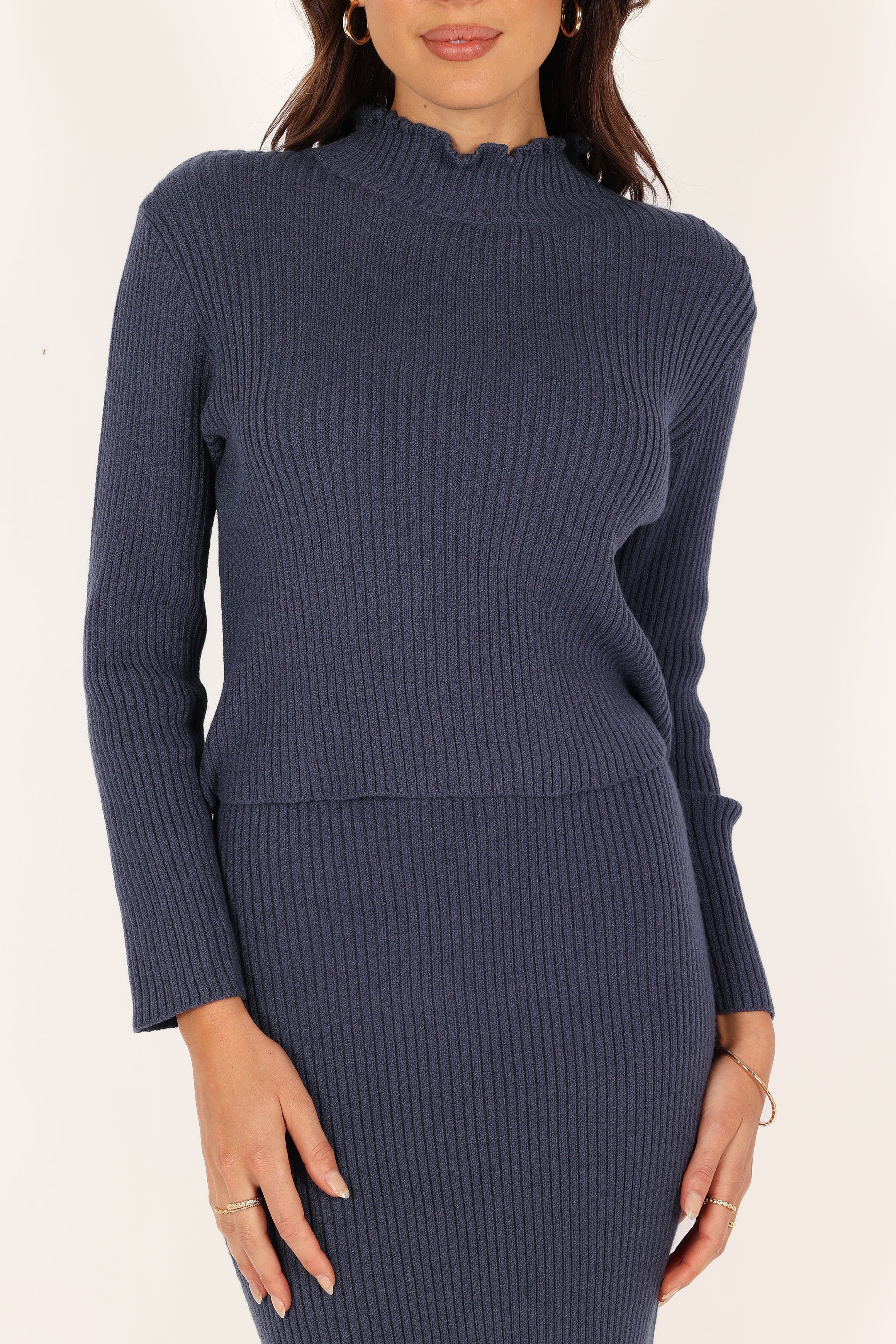 Navy Payton Knit Set - High Neck Top & Midi Skirt