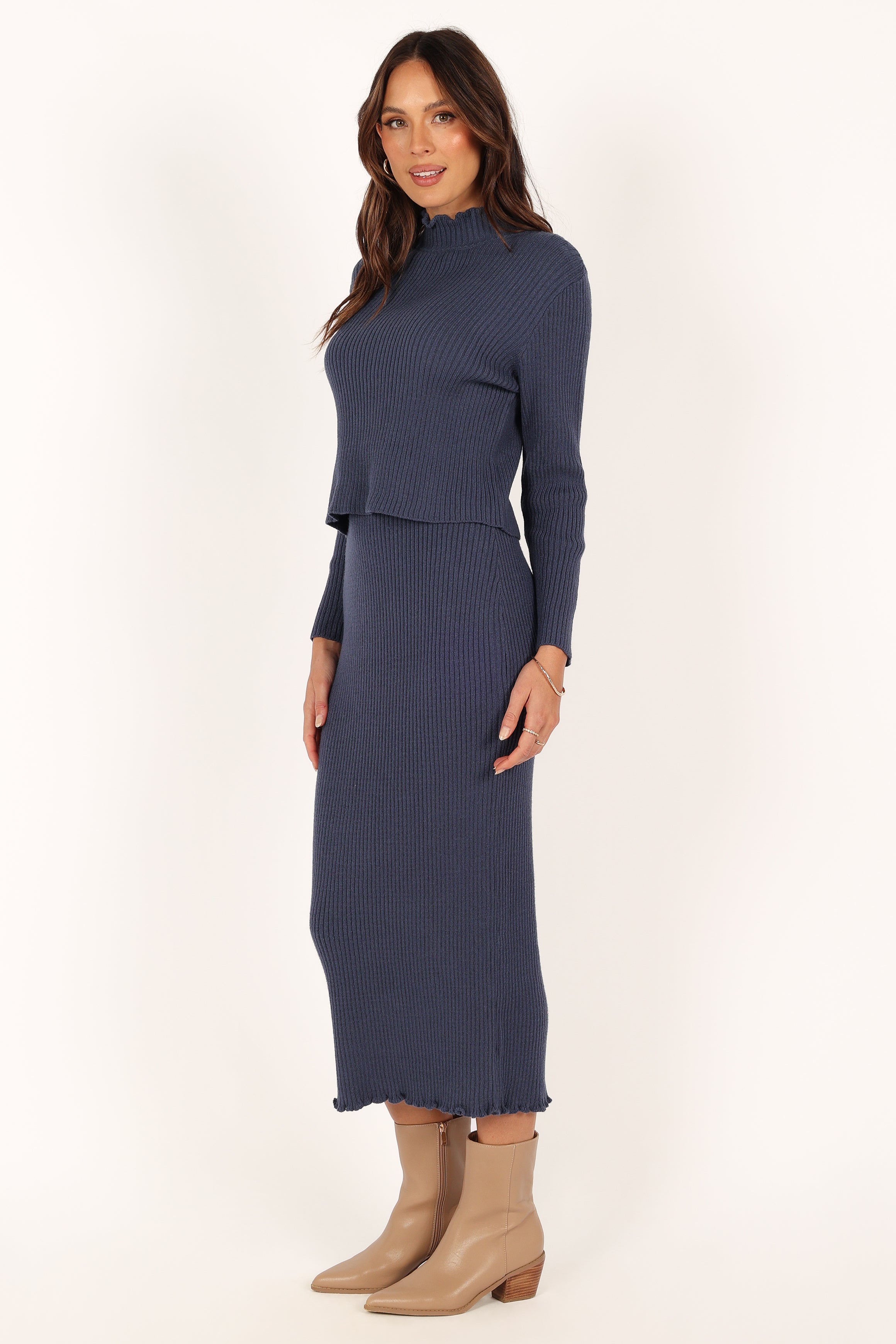 Navy Payton Knit Set - High Neck Top & Midi Skirt