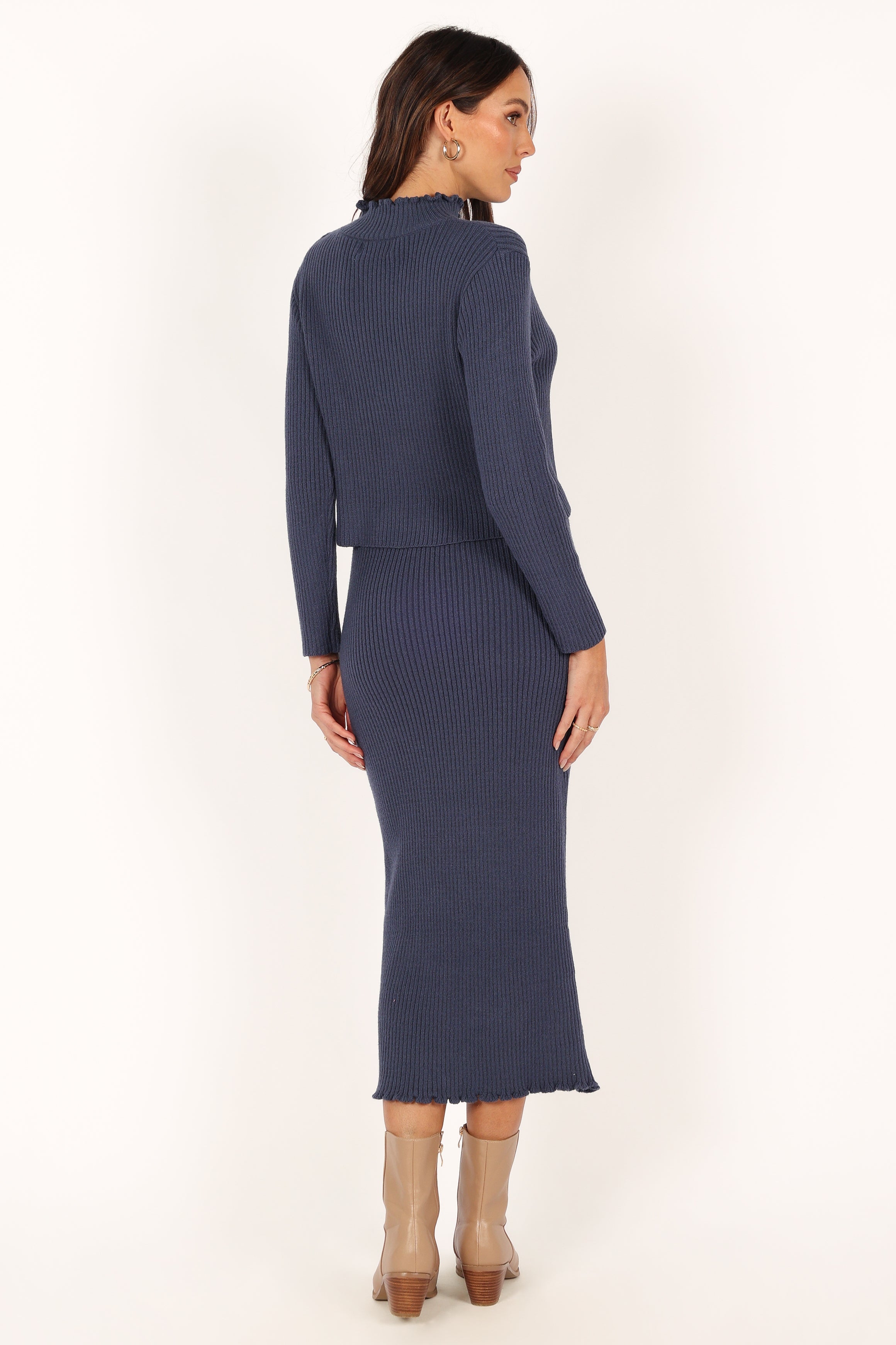 Navy Payton Knit Set - High Neck Top & Midi Skirt