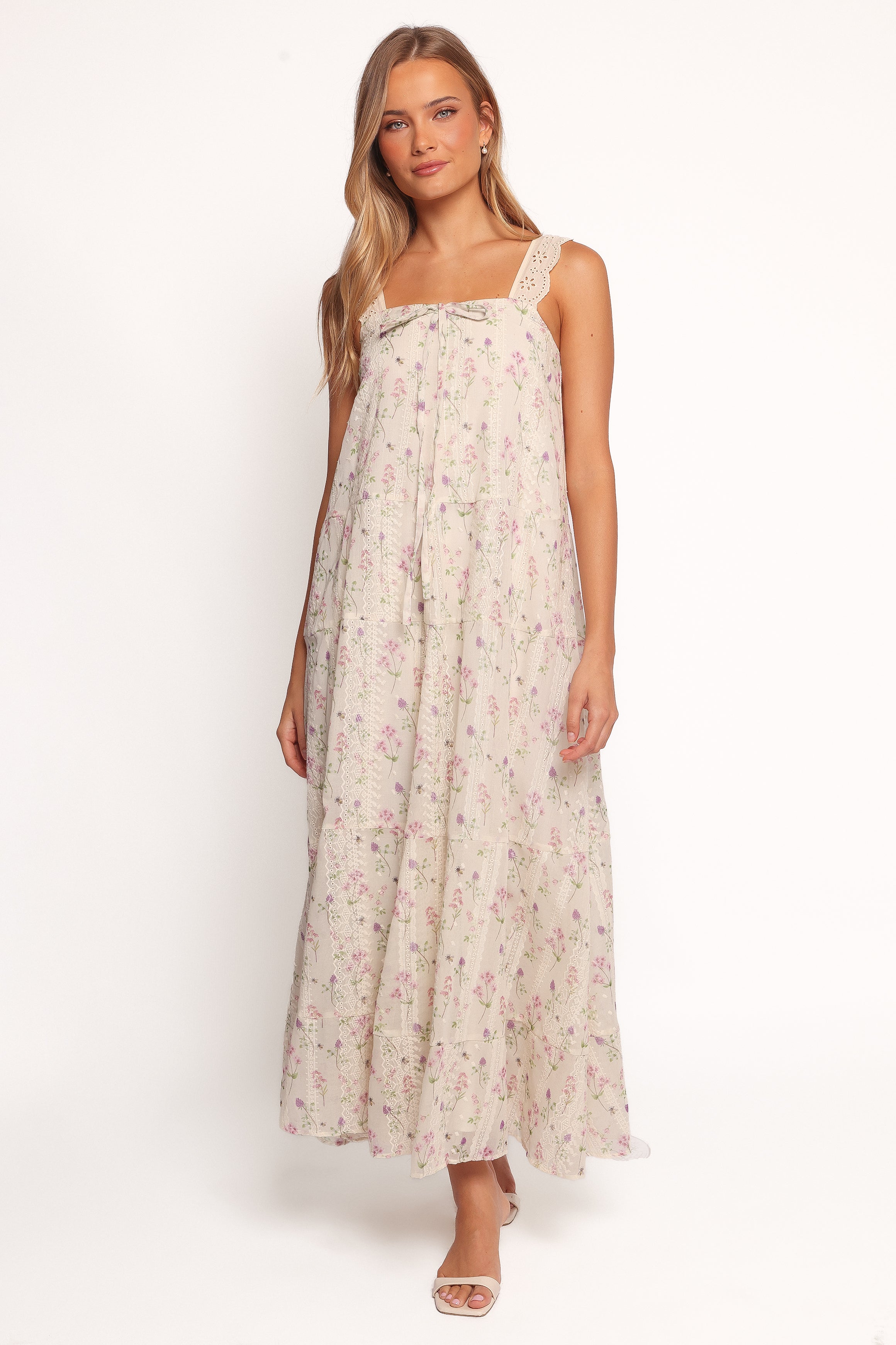 Pink Floral Maxi Dress with Square Neckline & Bust Tie