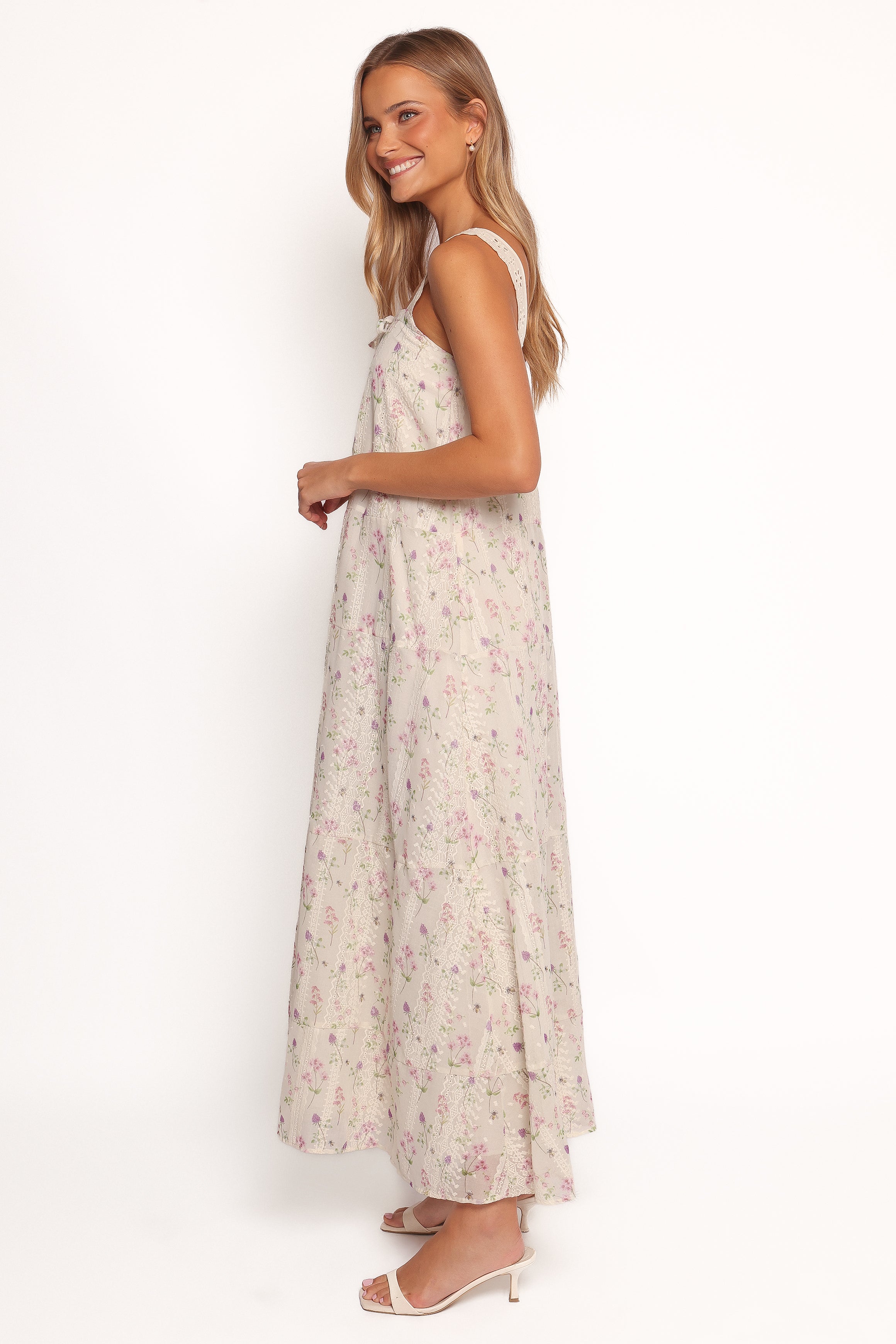 Pink Floral Maxi Dress with Square Neckline & Bust Tie