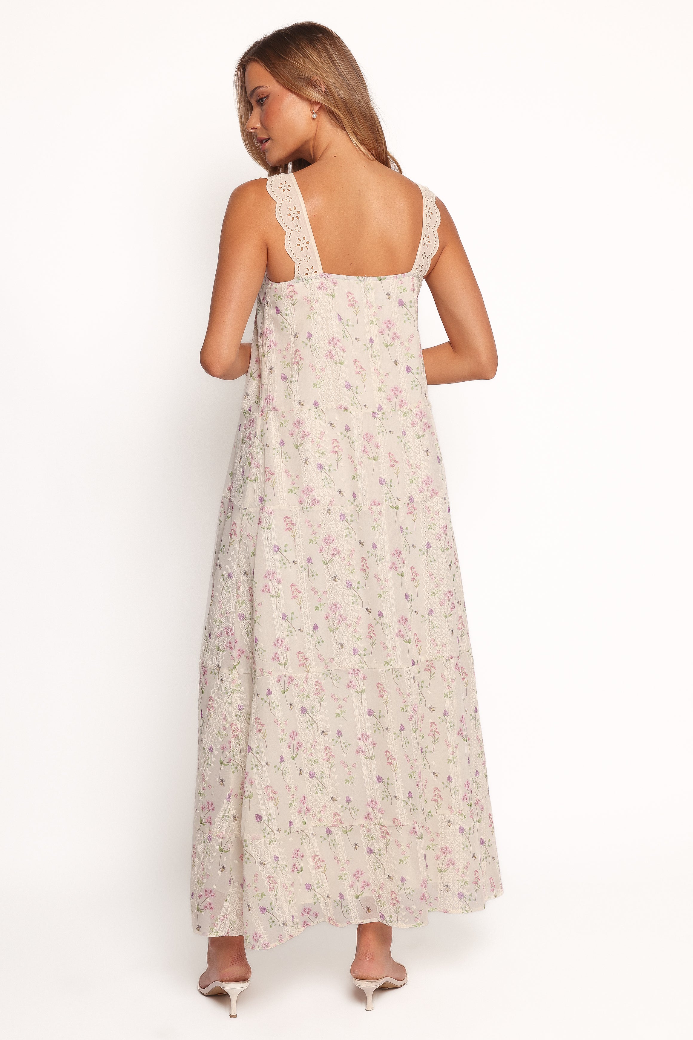 Pink Floral Maxi Dress with Square Neckline & Bust Tie