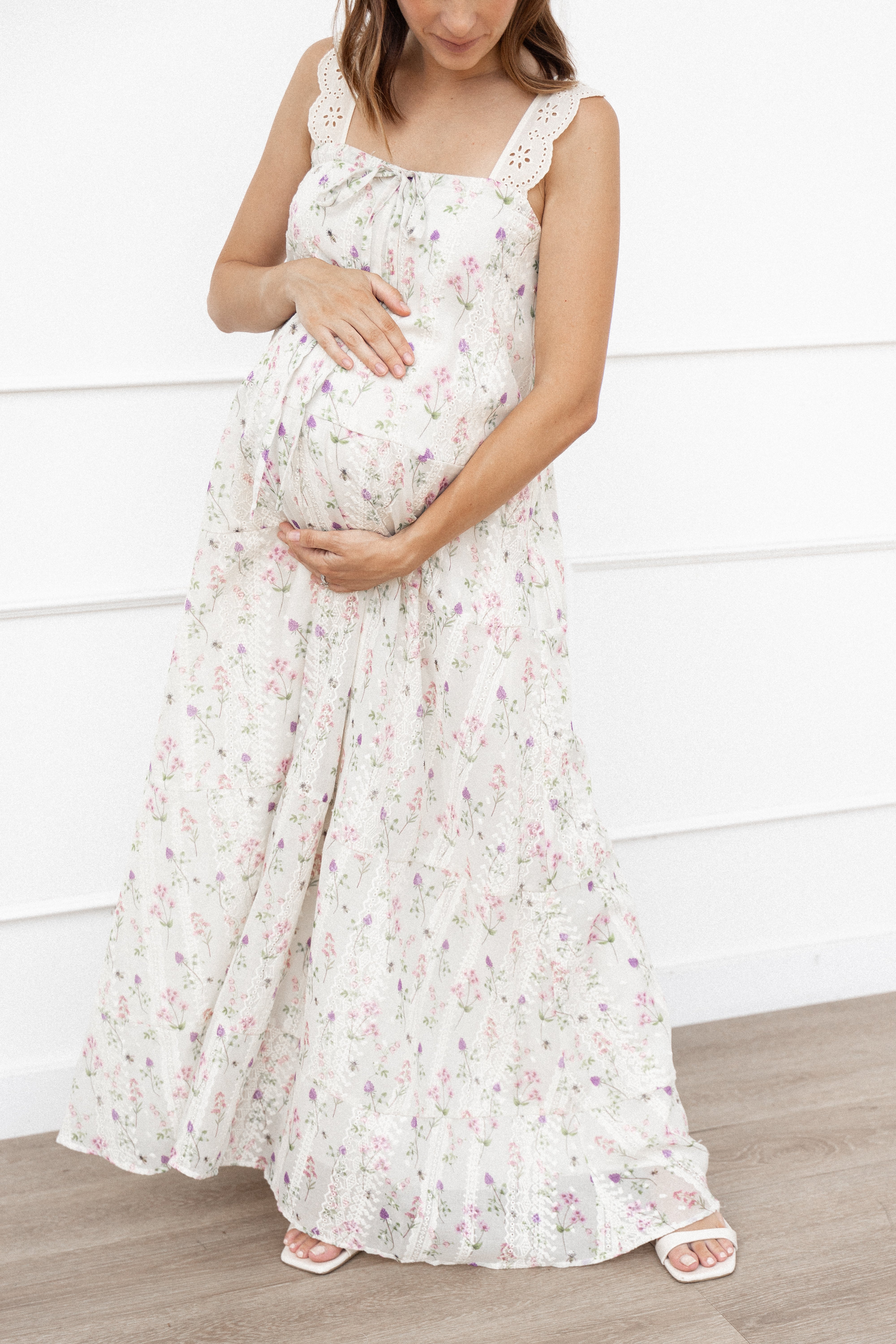 Pink Floral Maxi Dress with Square Neckline & Bust Tie