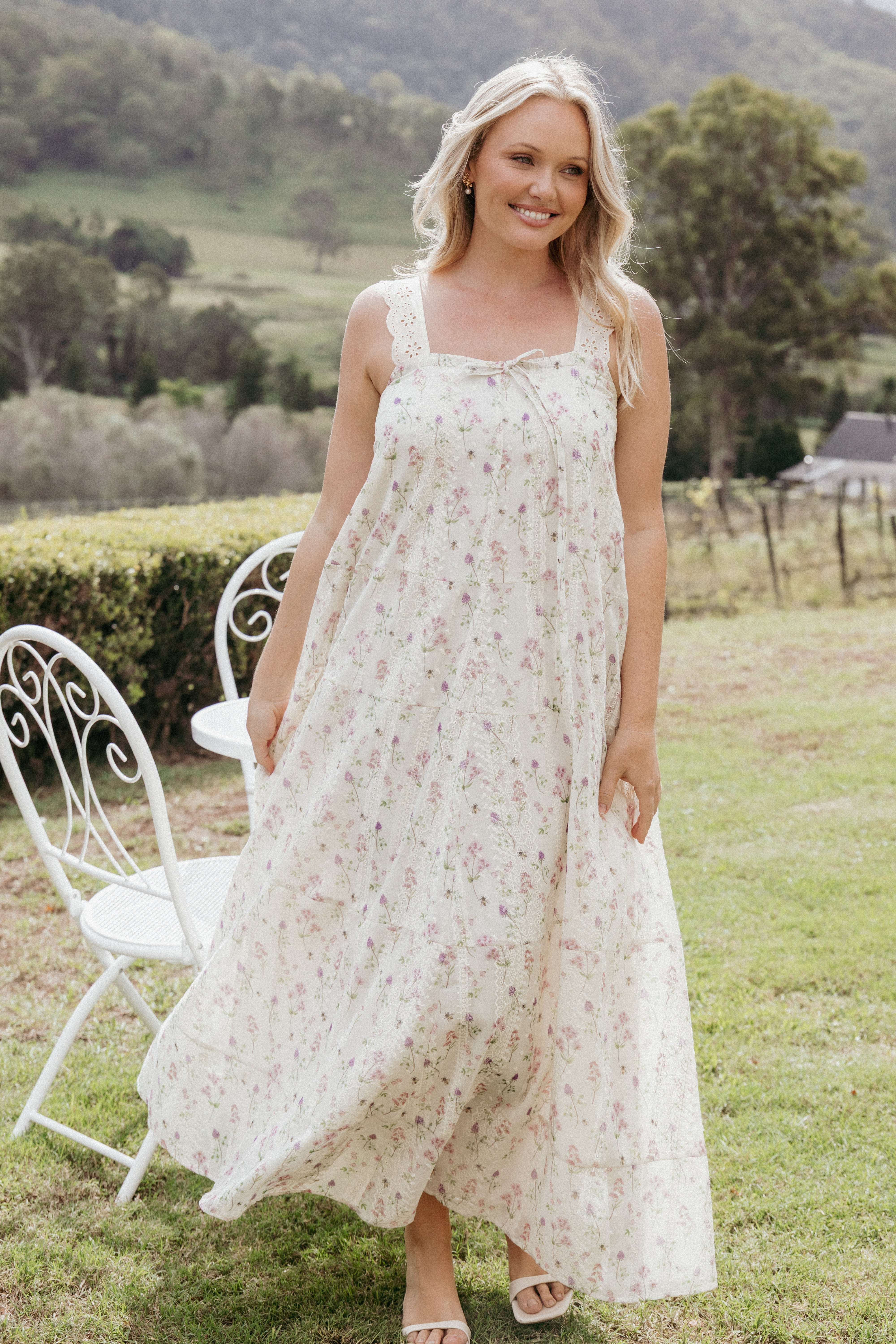 Pink Floral Maxi Dress with Square Neckline & Bust Tie