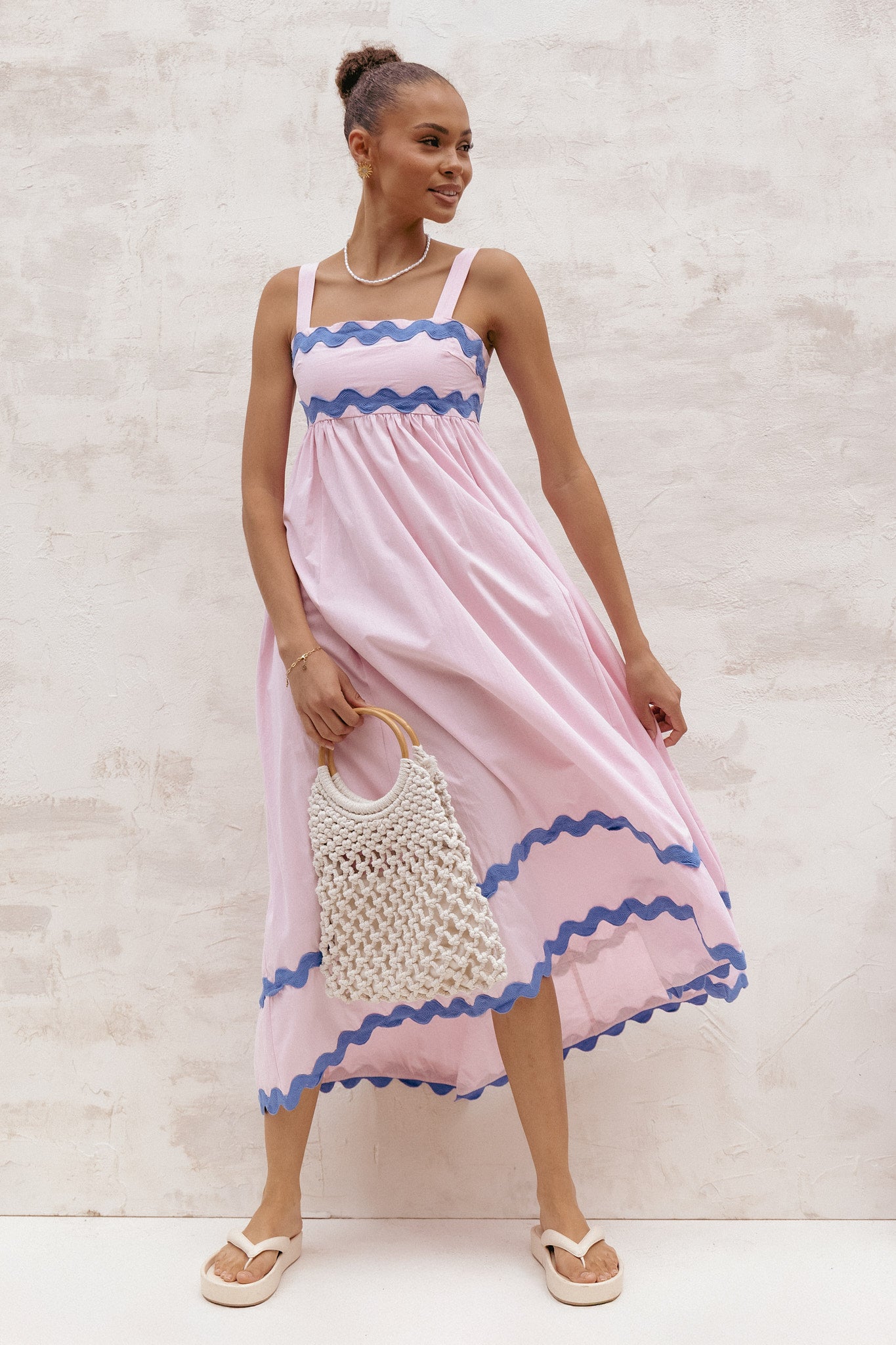 Fitzgerald Cotton Maxi Dress with Adjustable Straps - Pink & Blue