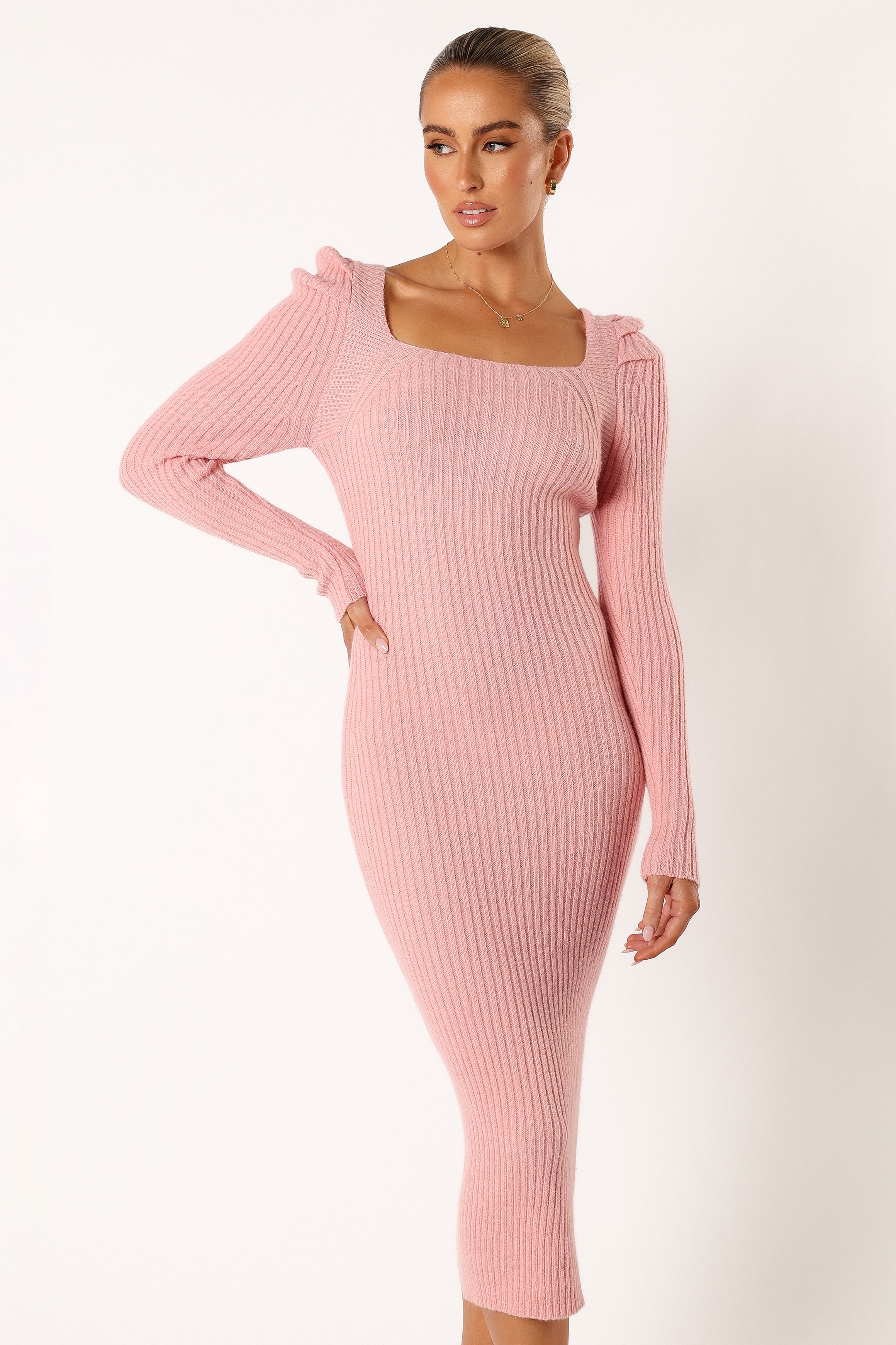Blush Puff Sleeve Knit Midi Dress with Ribbed Hem