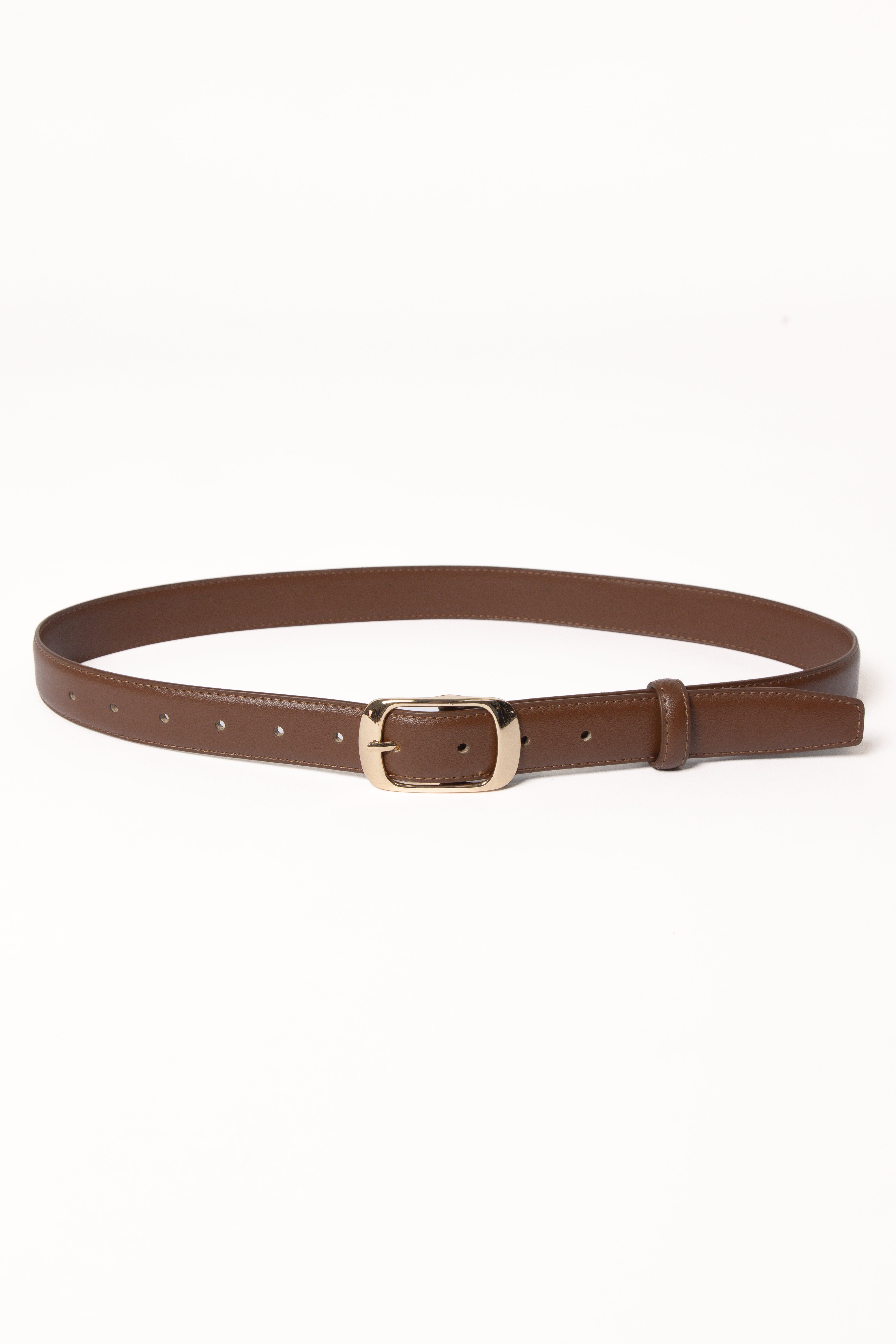 Brown Faux Leather Belt with Gold Buckle - Adjustable Classic Strap