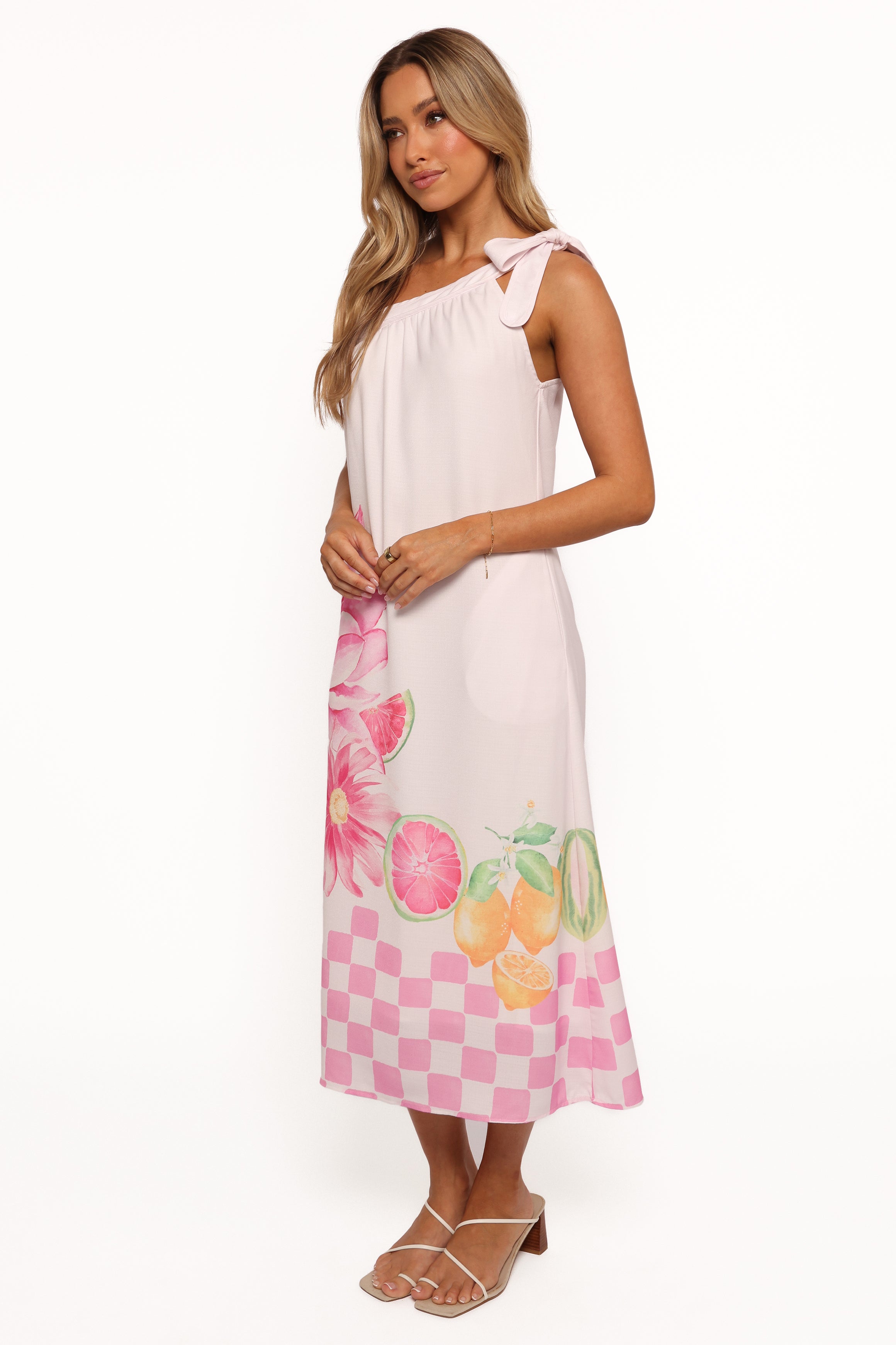 One Shoulder Floral Midi Dress - Reagan Pink Linen Blend