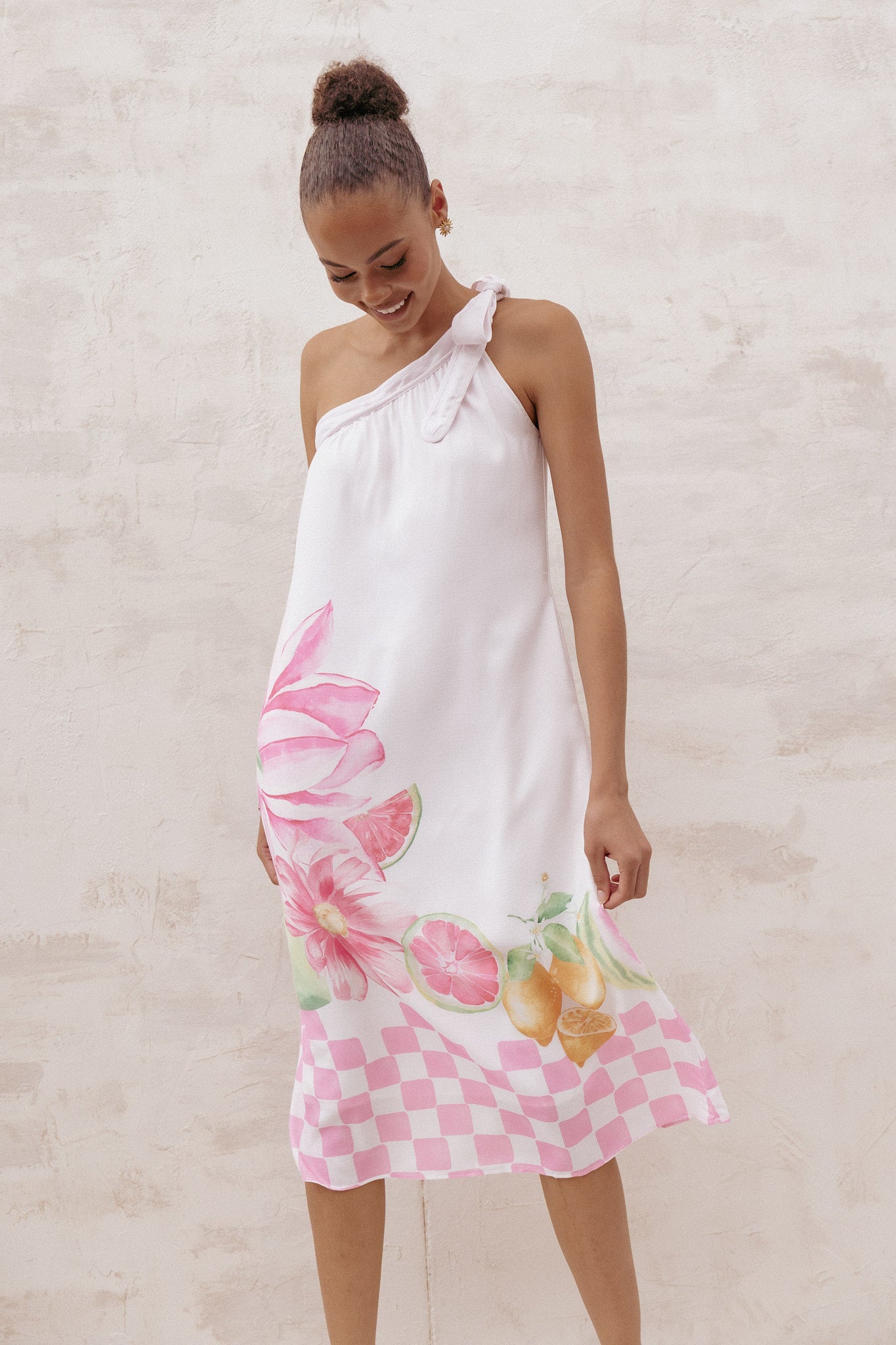 One Shoulder Floral Midi Dress - Reagan Pink Linen Blend