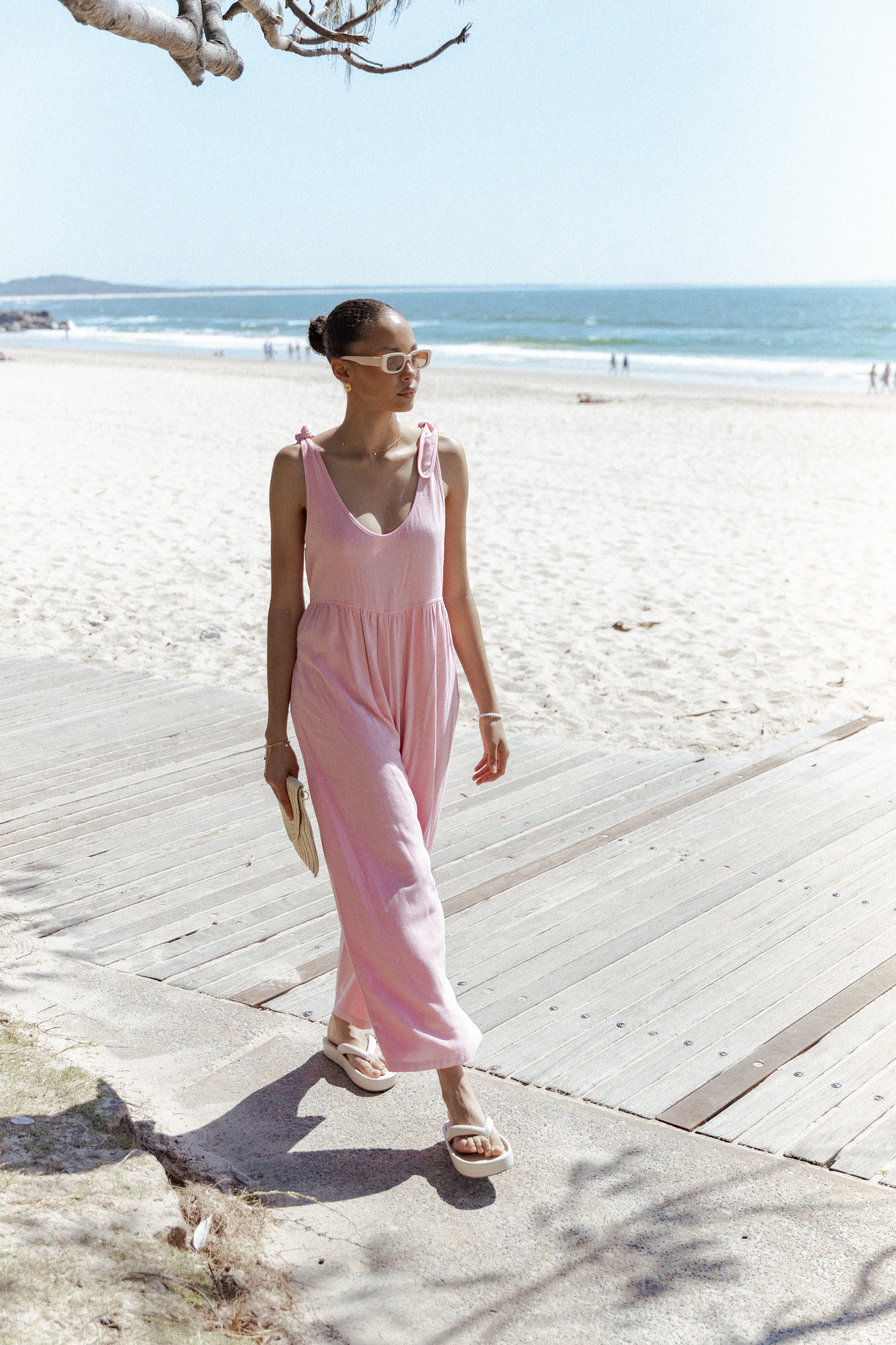 Linen Jumpsuit for Women - Ayla Wide Leg Pale Pink Romper