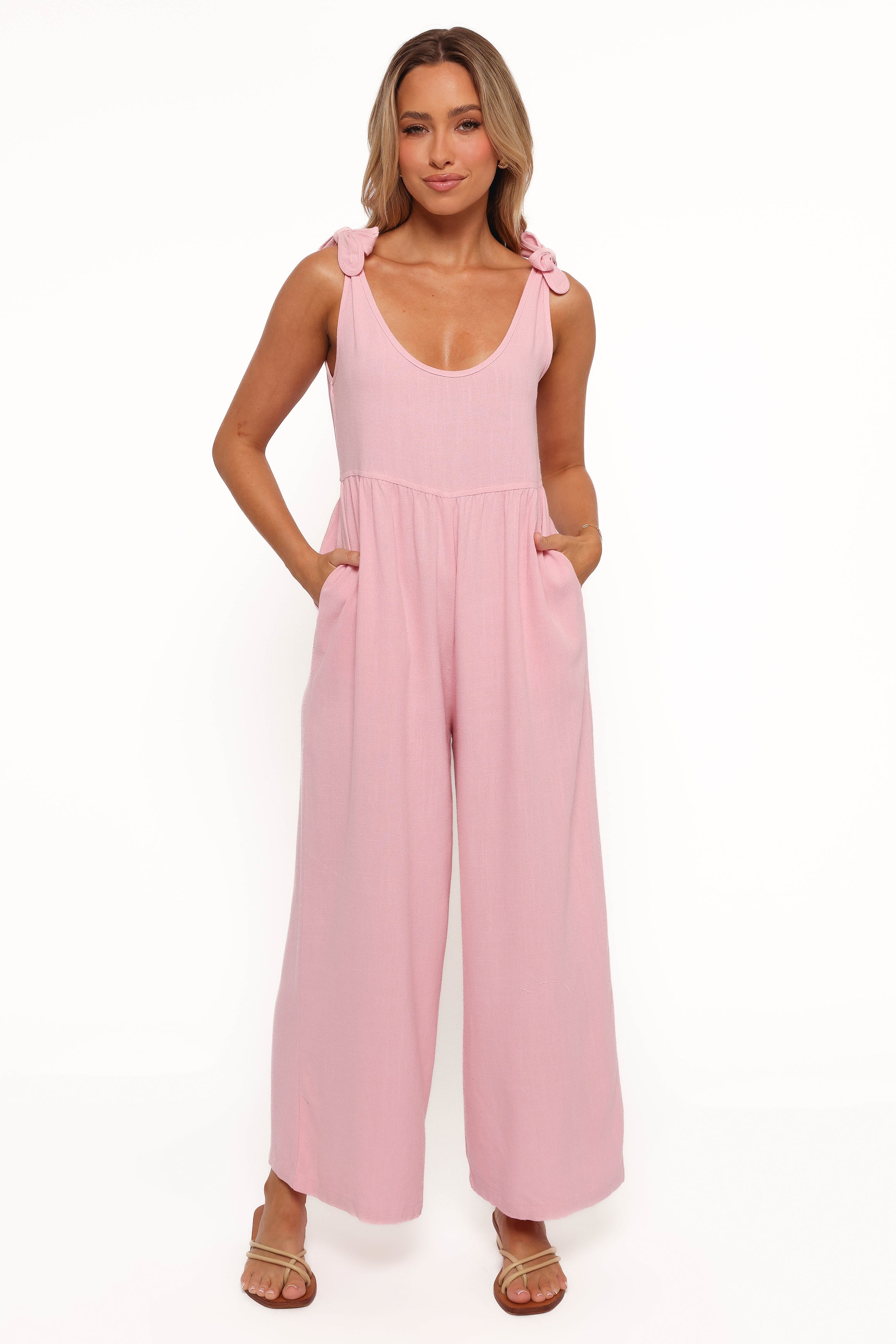 Linen Jumpsuit for Women - Ayla Wide Leg Pale Pink Romper