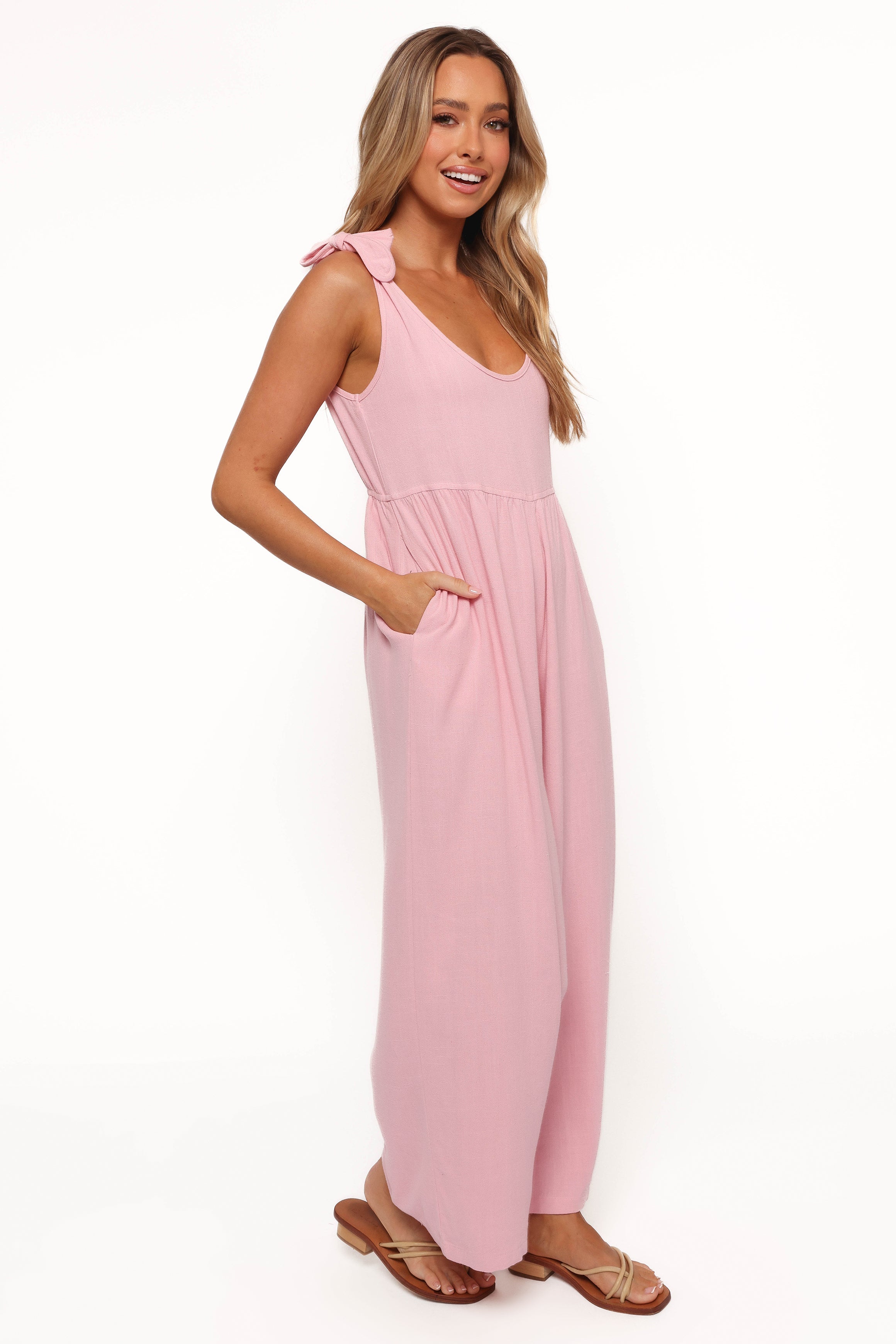 Linen Jumpsuit for Women - Ayla Wide Leg Pale Pink Romper
