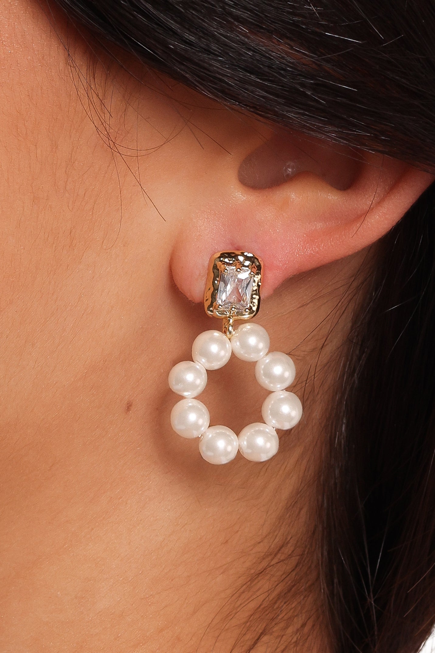 Pearl Drop Earrings in Gold with Rhinestone Details - Dara