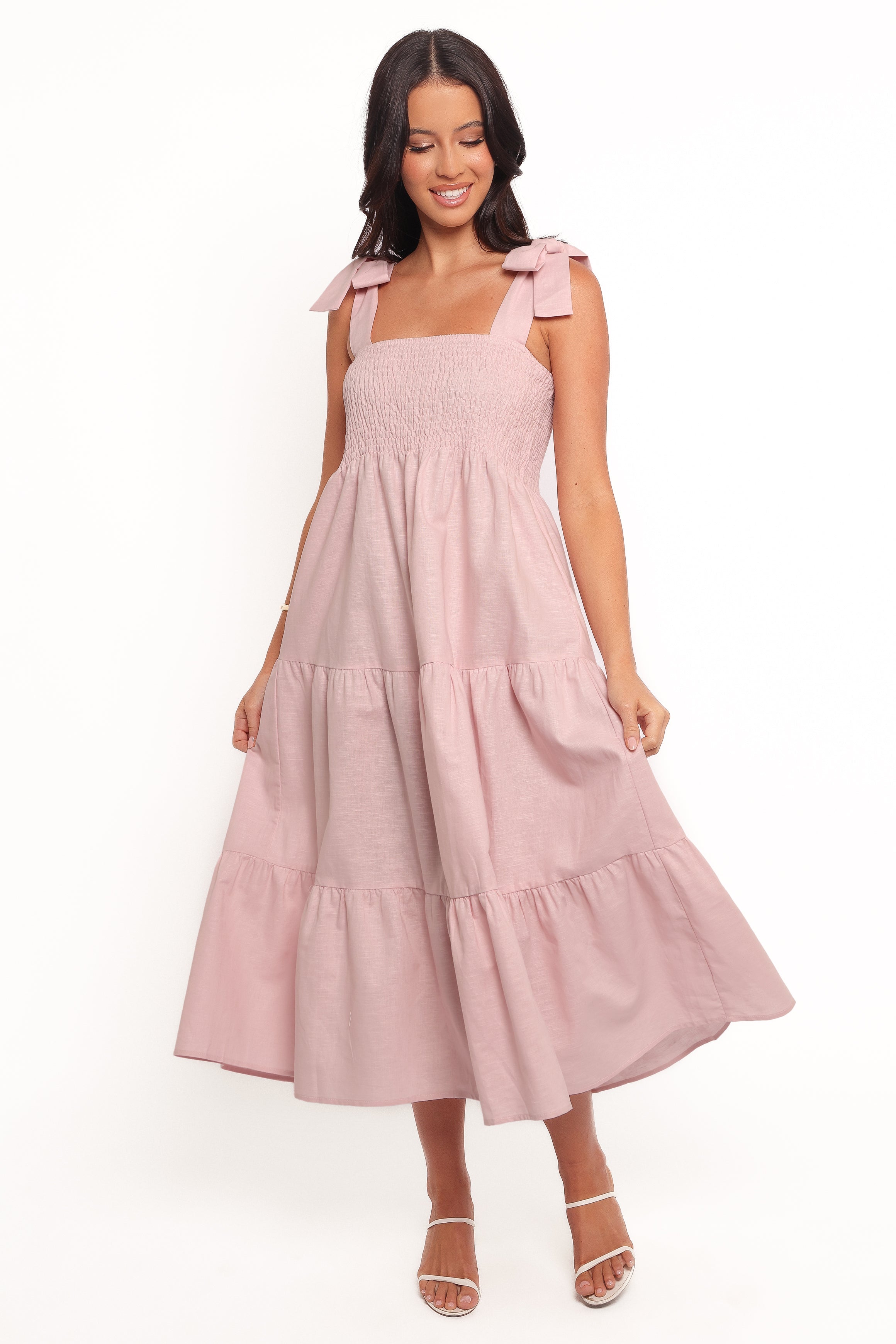 Giorgi Pink Linen Cotton Midi Dress with Pockets & Adjustable Straps