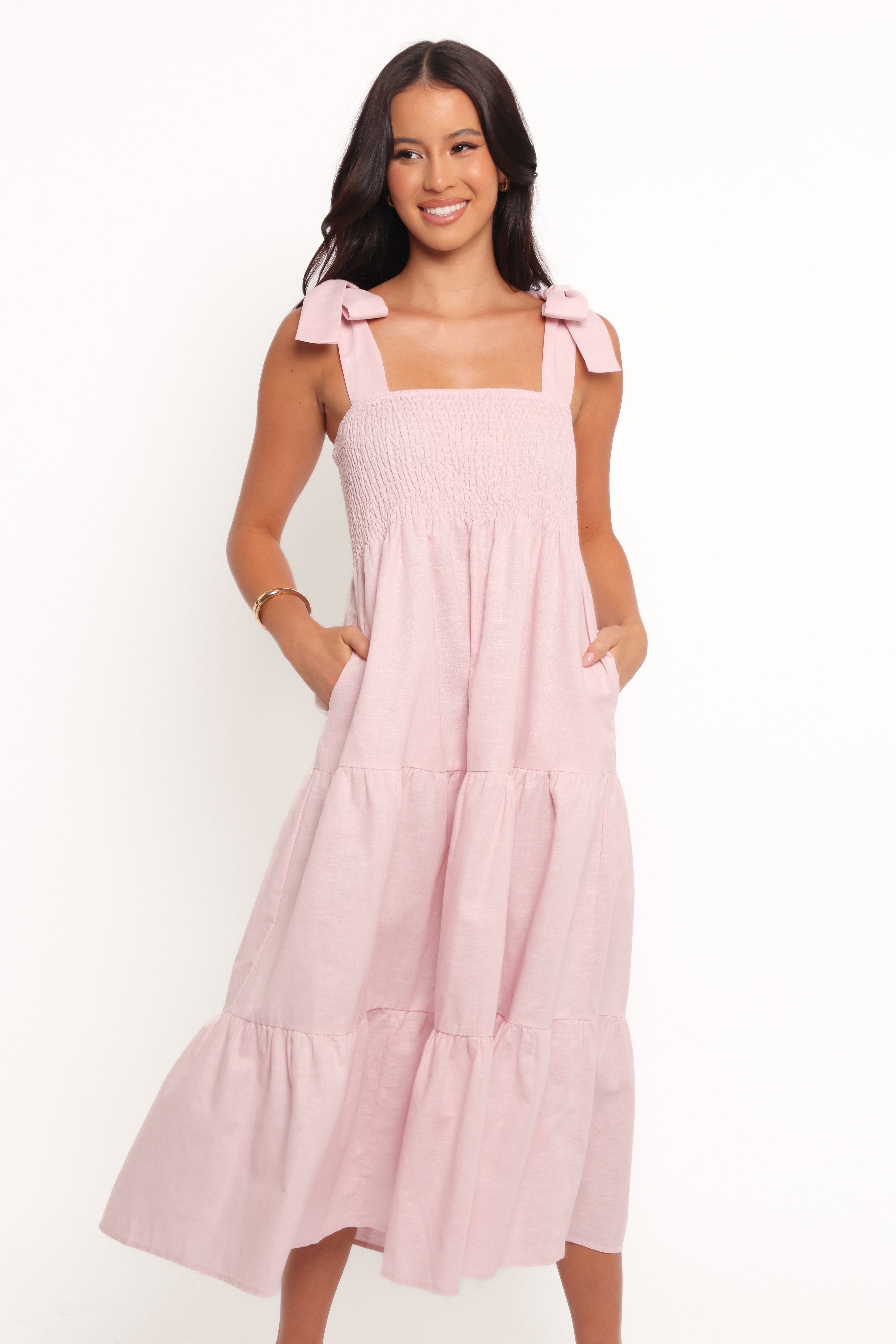 Giorgi Pink Linen Cotton Midi Dress with Pockets & Adjustable Straps
