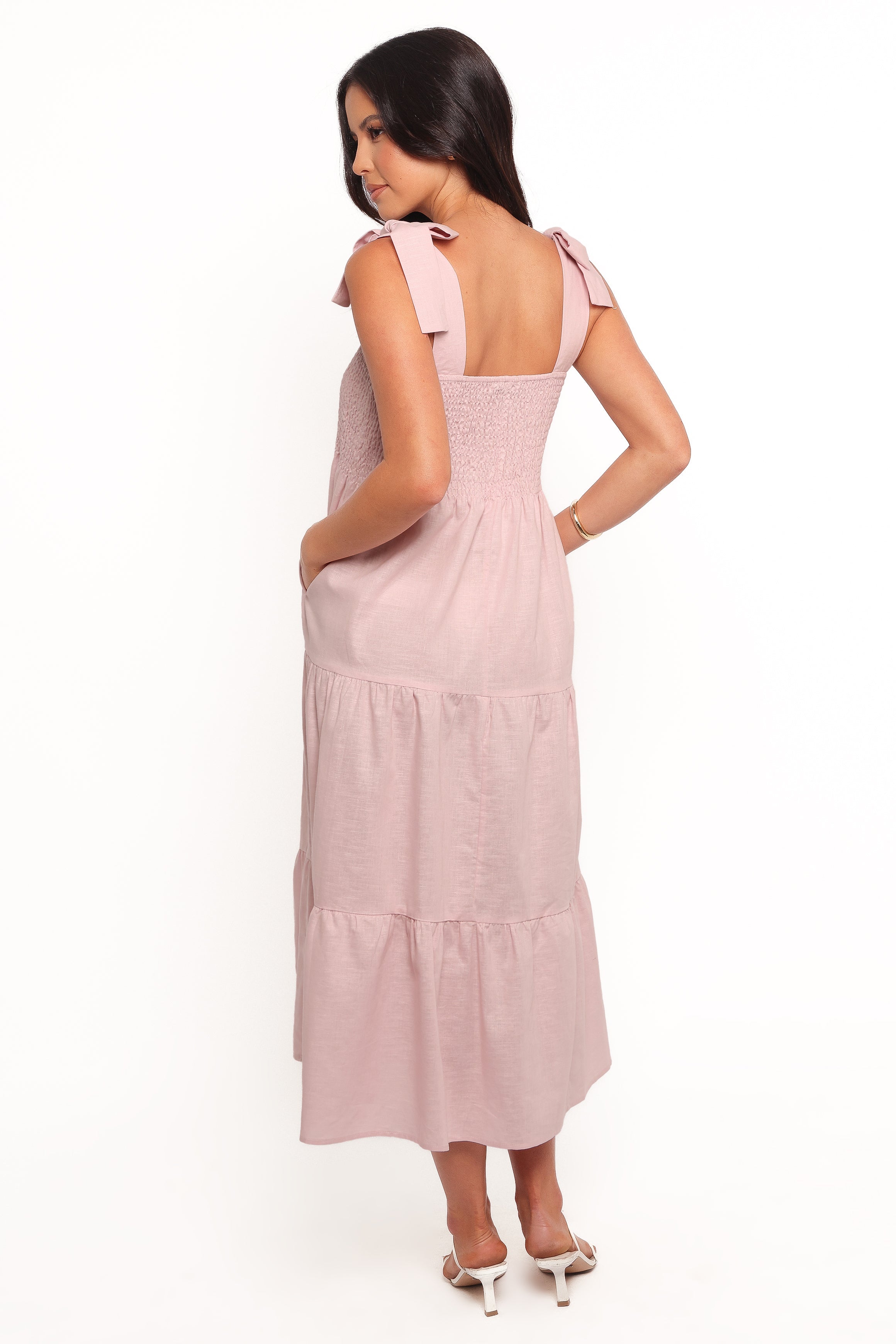 Giorgi Pink Linen Cotton Midi Dress with Pockets & Adjustable Straps