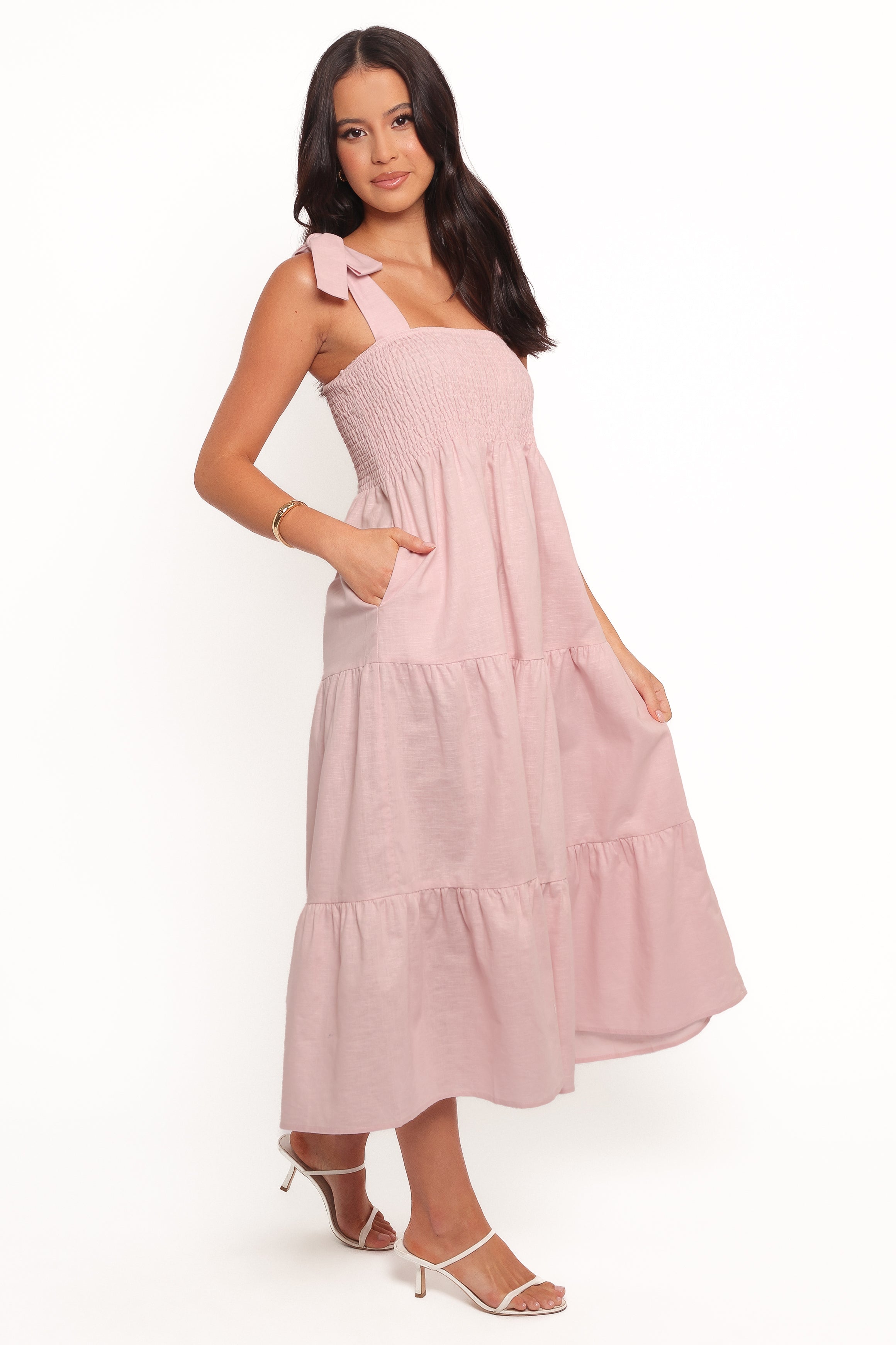 Giorgi Pink Linen Cotton Midi Dress with Pockets & Adjustable Straps