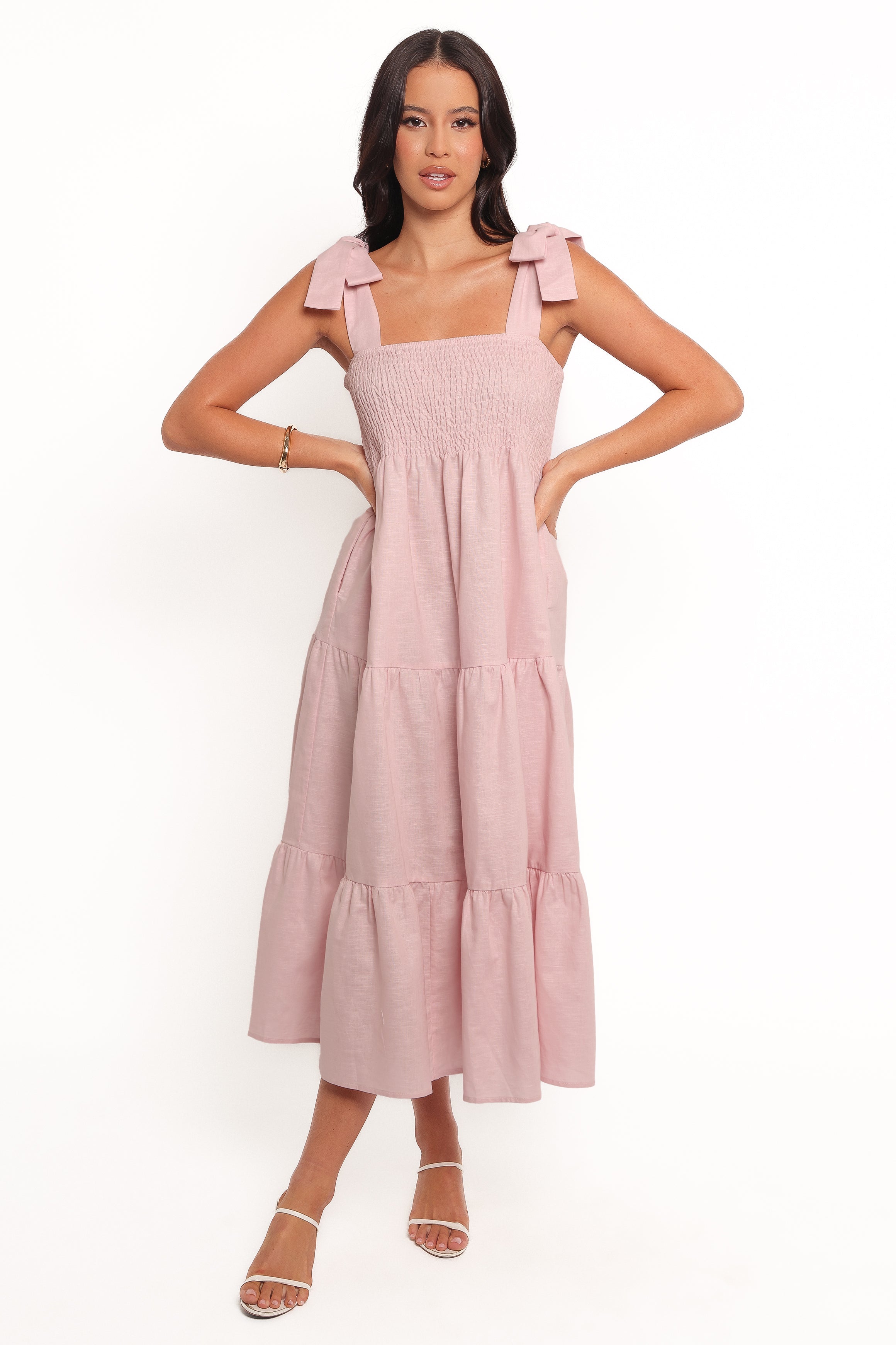 Giorgi Pink Linen Cotton Midi Dress with Pockets & Adjustable Straps