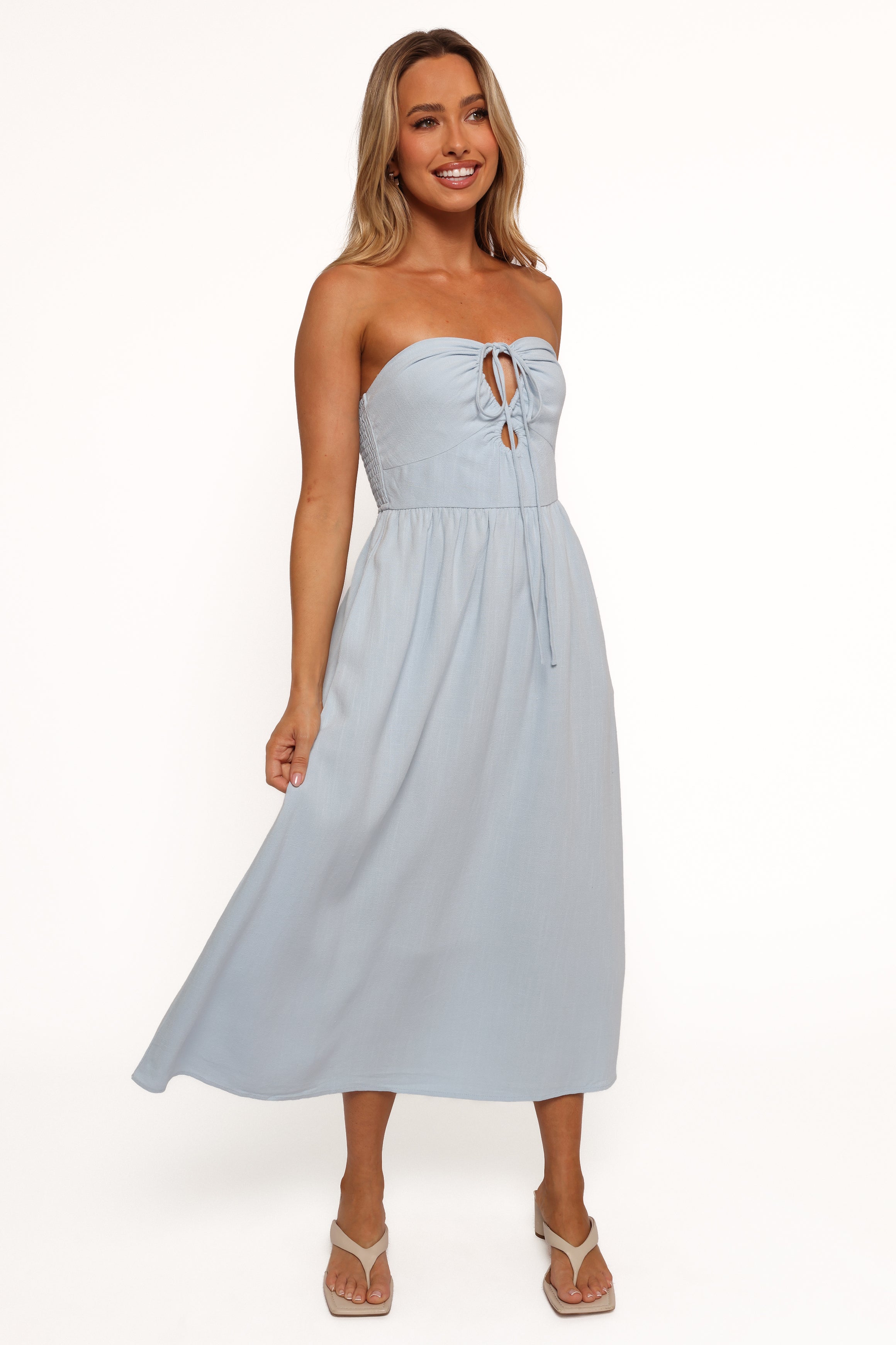 Light Blue Strapless Linen Midi Dress with Pockets