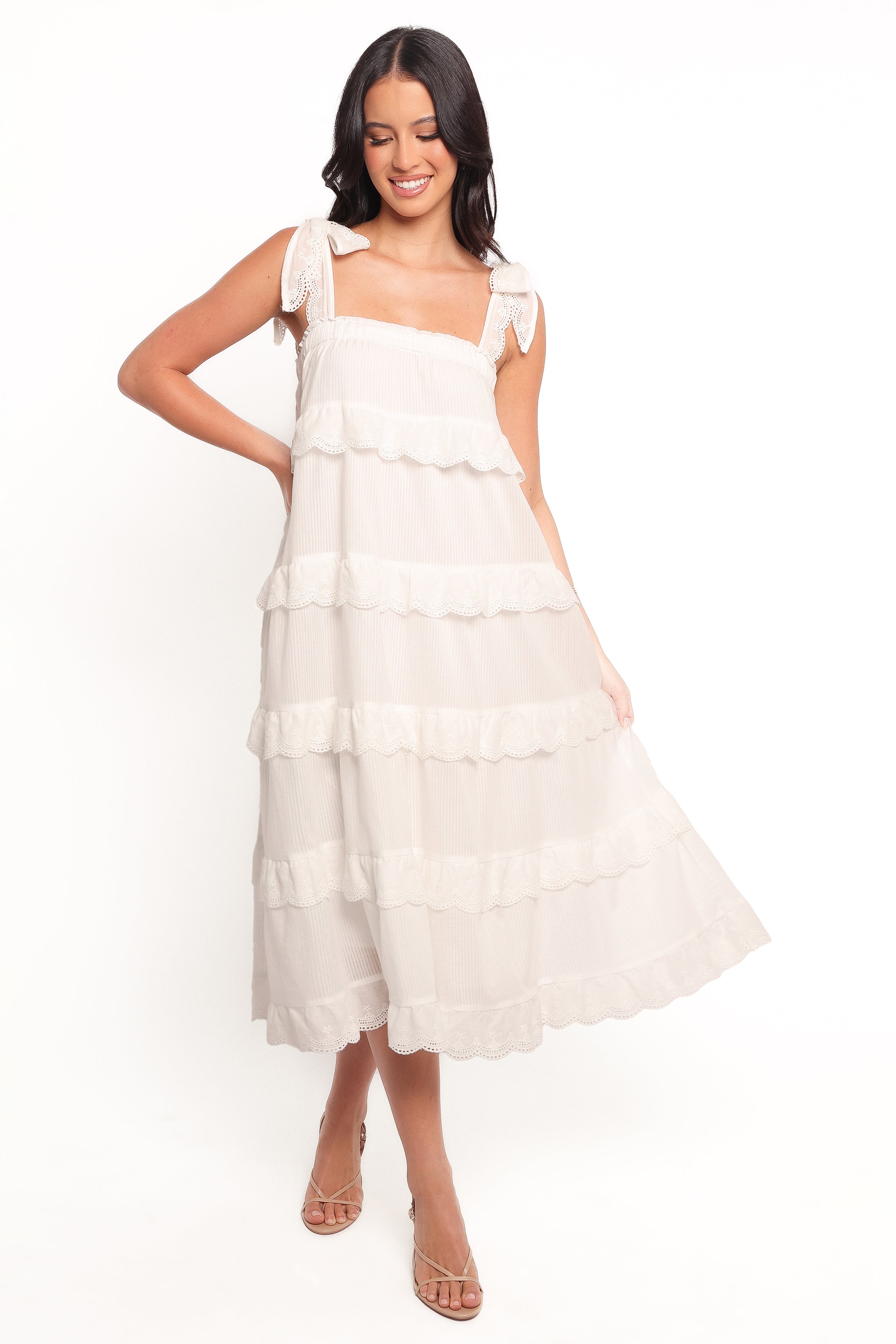 White Cotton Harriette Midi Dress with Adjustable Straps