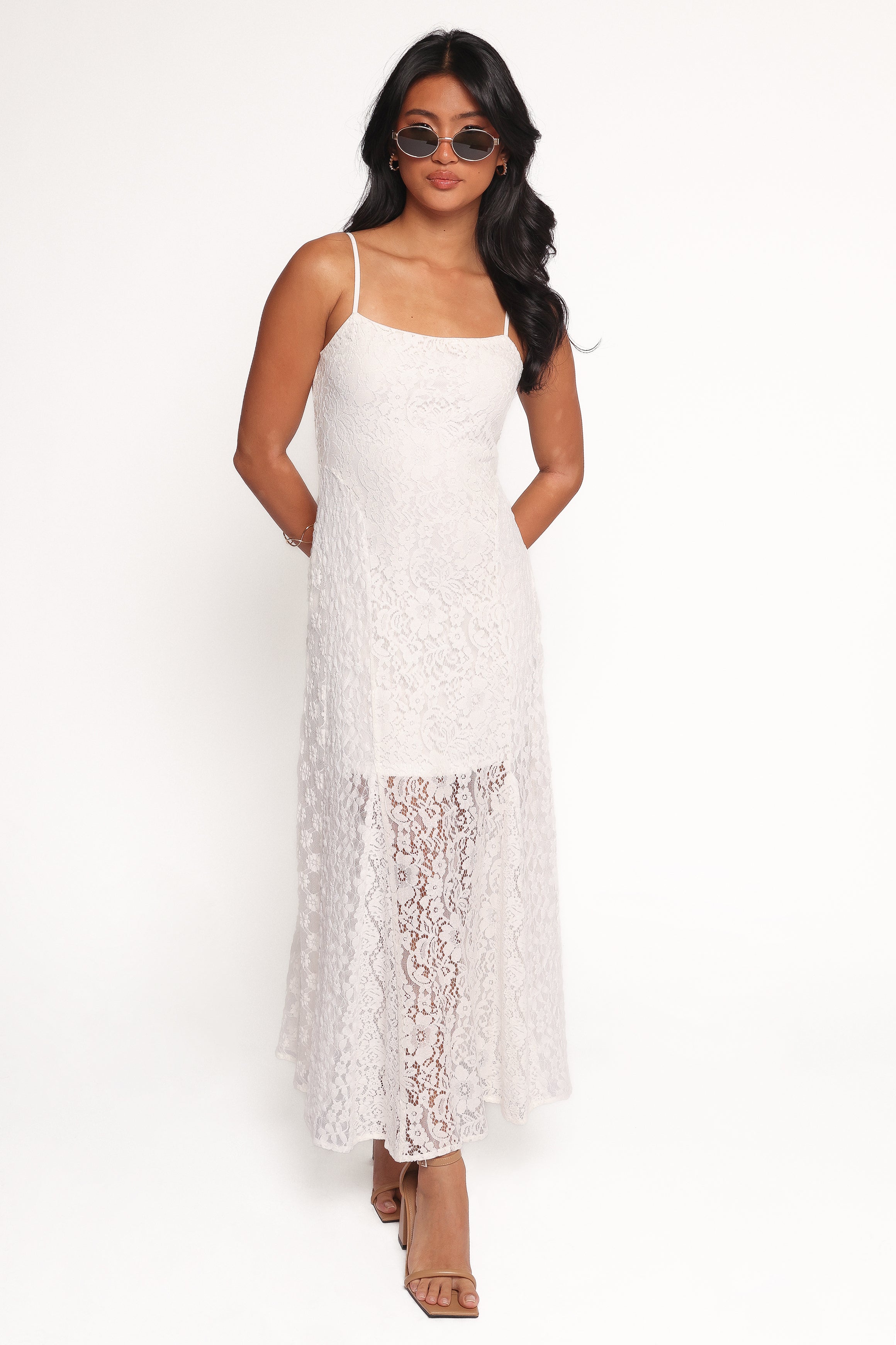 Varia White Lace Maxi Dress with Square Neckline