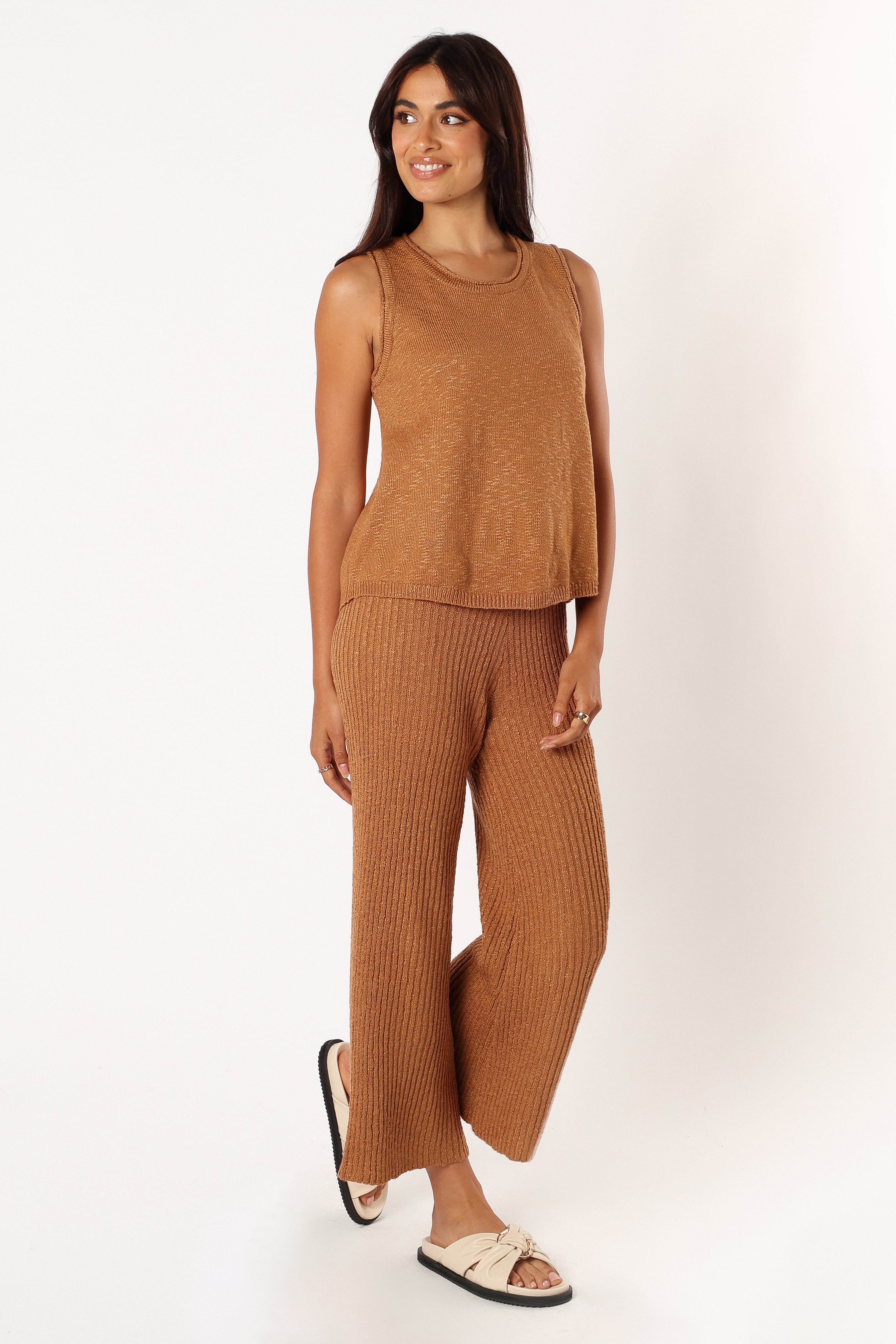 Anna Brown Knitted Set - Sleeveless Tank Top & High Waisted Pants