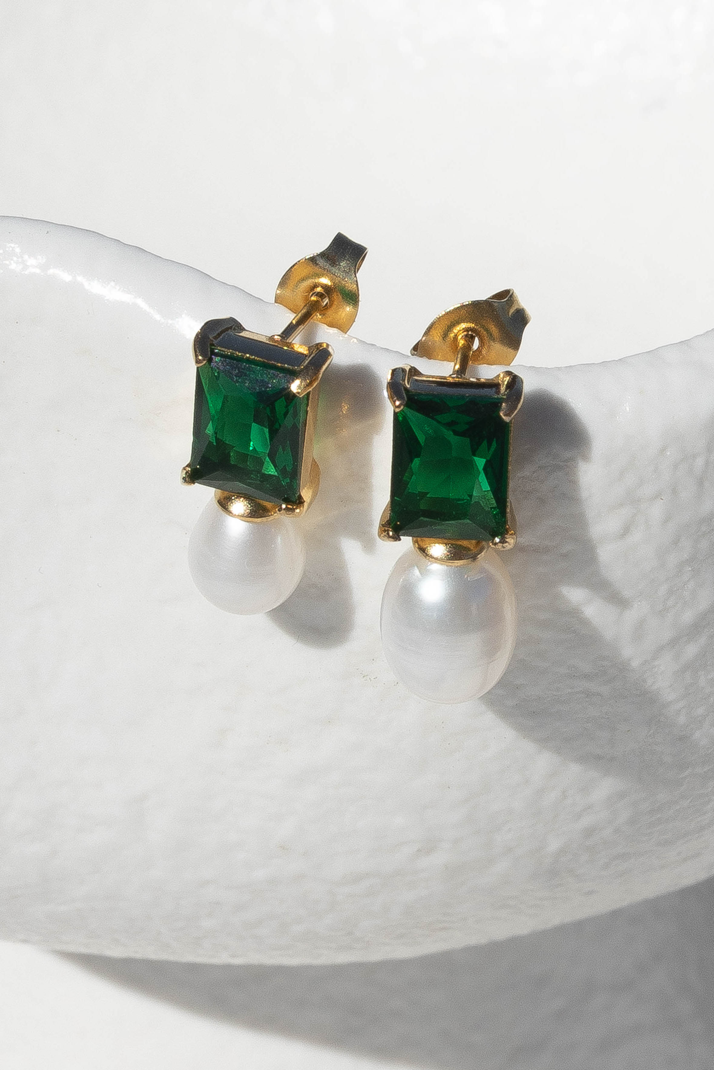 Green Pearl Drop Earrings with Rhinestone Stud - Gold Plated Titanium Steel