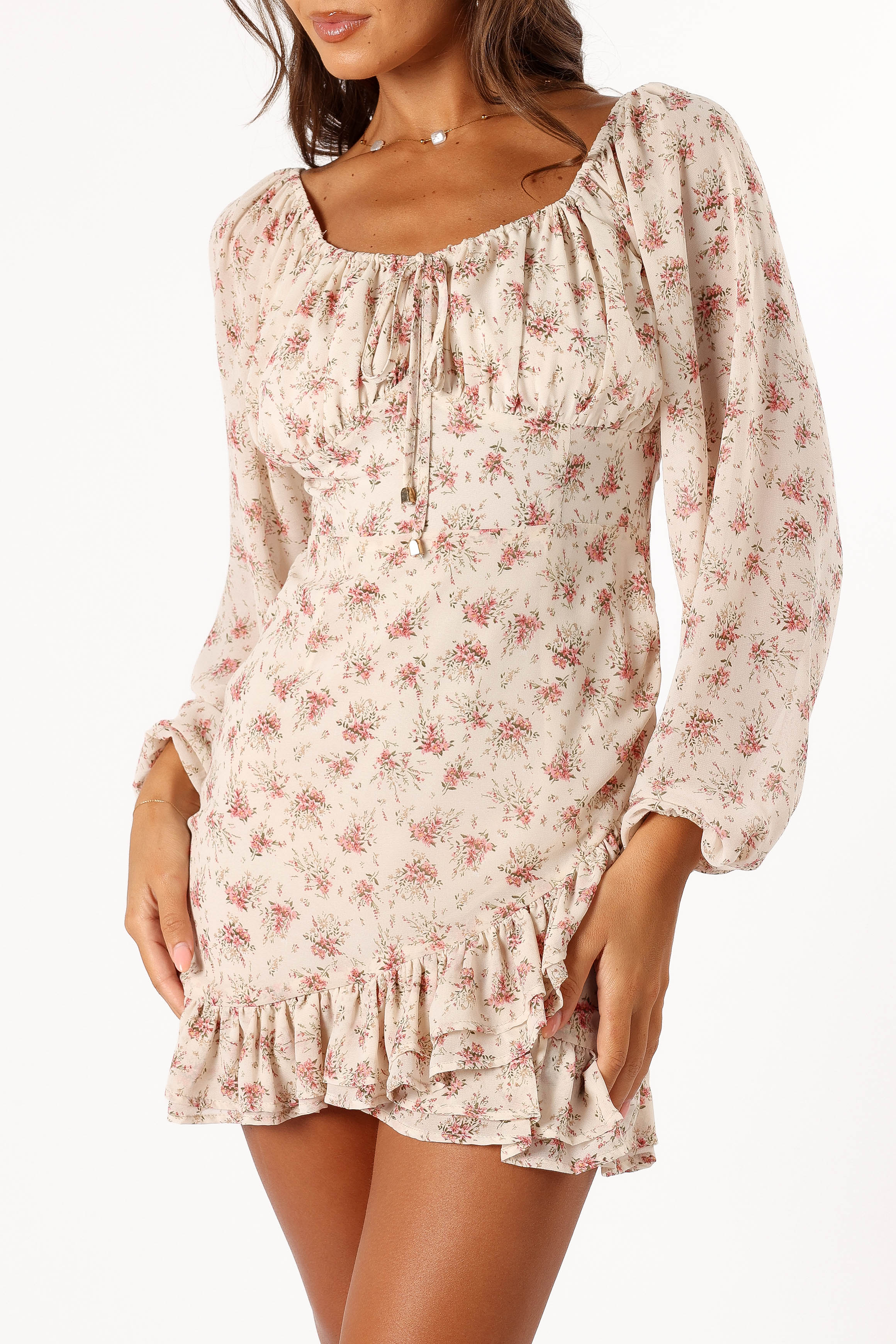 Cream Square Neck Long Sleeve Mini Dress - Ollive Boho Floral