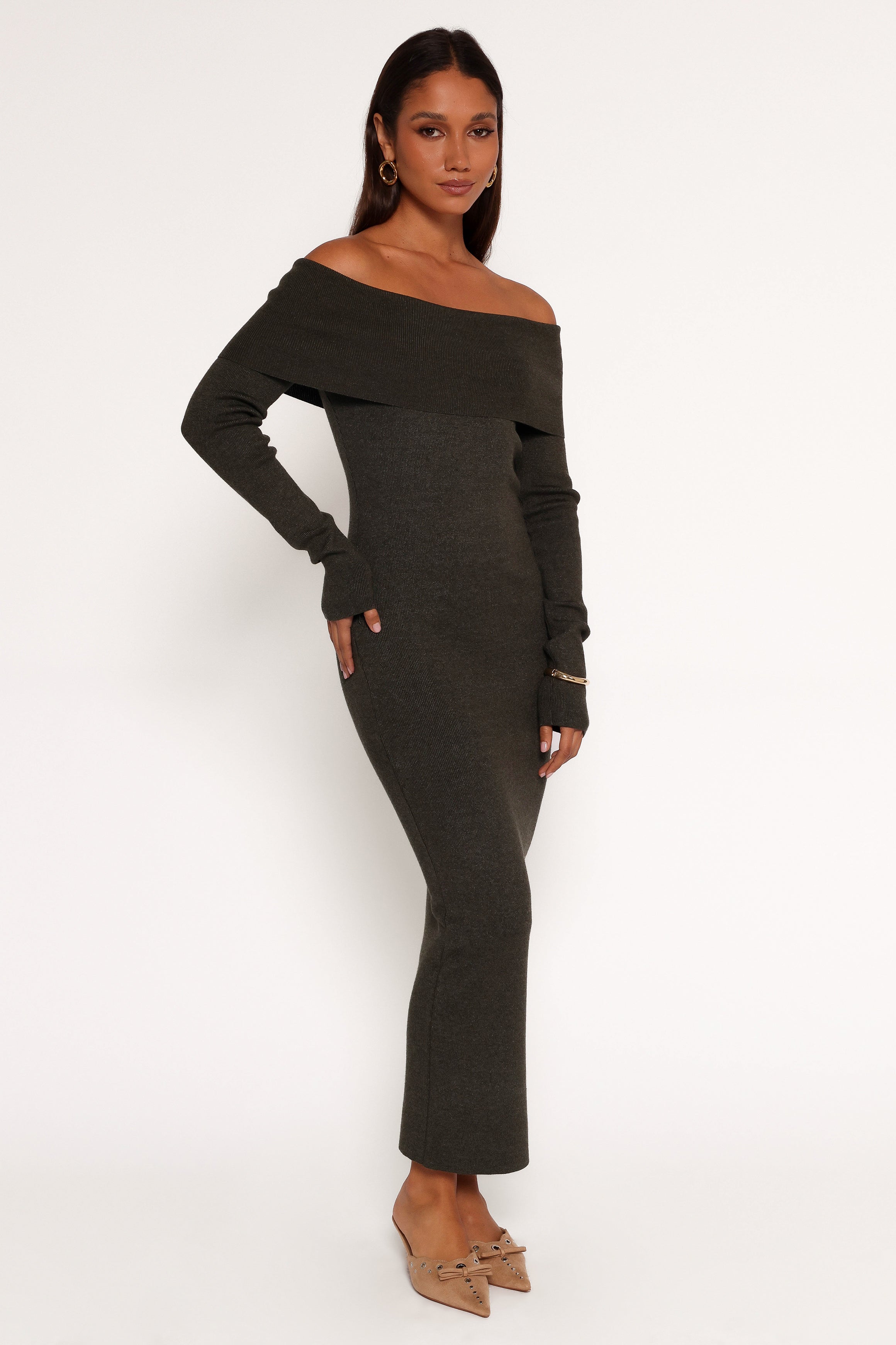 Archie Olive Off Shoulder Ribbed Midi Dress - Bodycon Fit