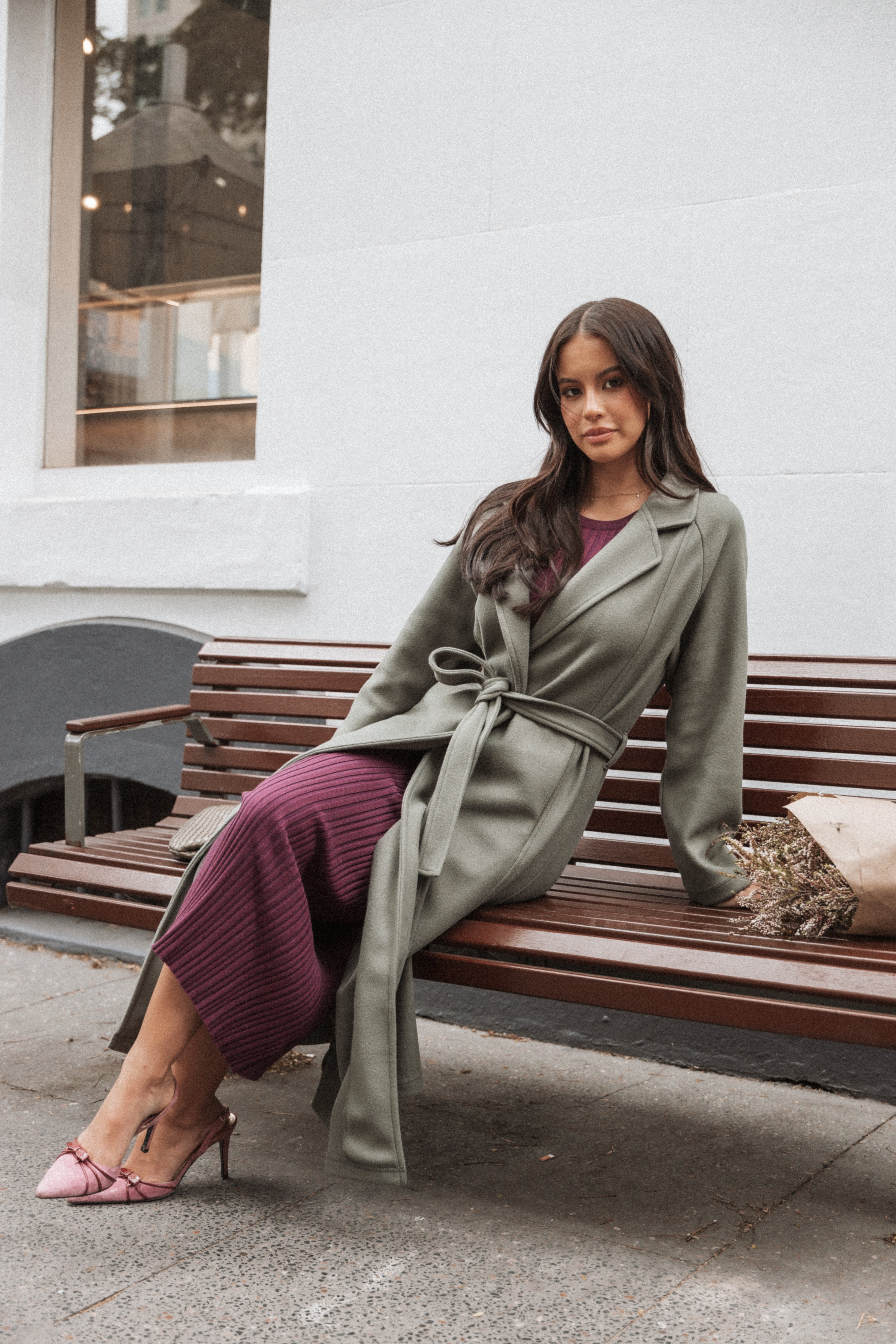 Women's Olive Tie Front Coat - Violeta Polyester Trench Coat
