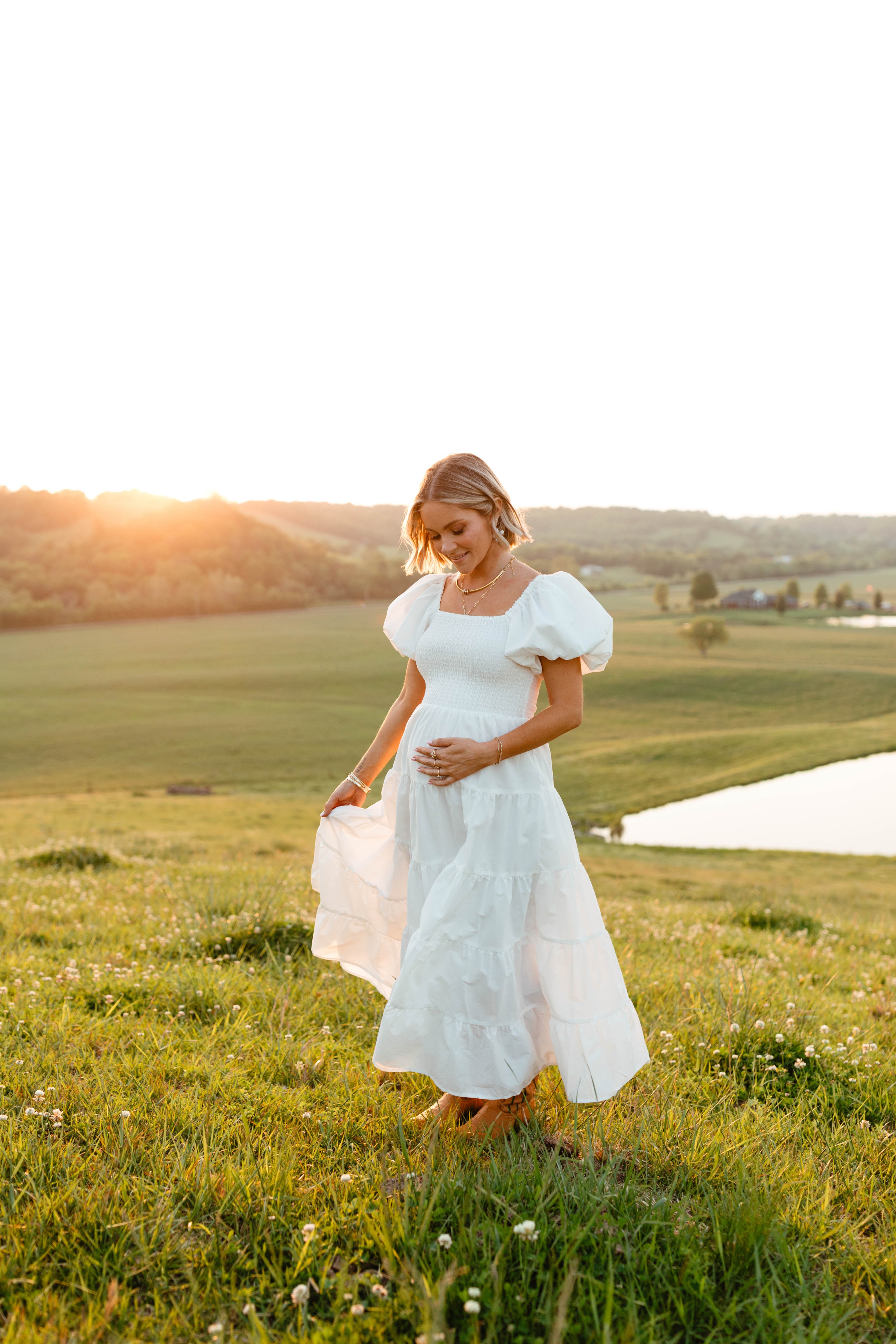 White Puff Sleeve Shirred Midi Dress - Square Neck Smocked Design